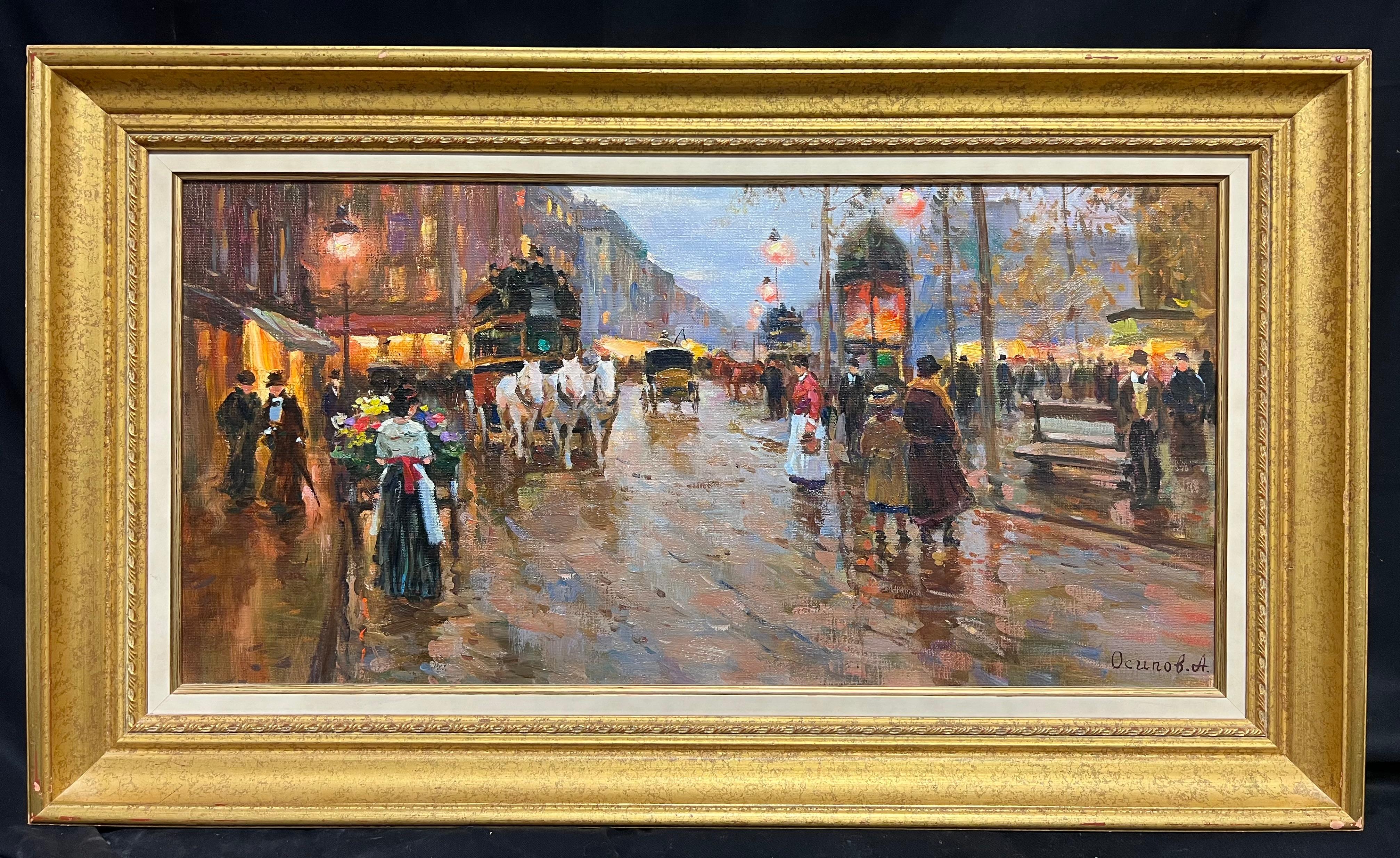 Paseo vespertino por una ciudad bulliciosa Escena del bulevar parisino por un artista ruso - Painting Impresionista de Alexander Osipov (1946)