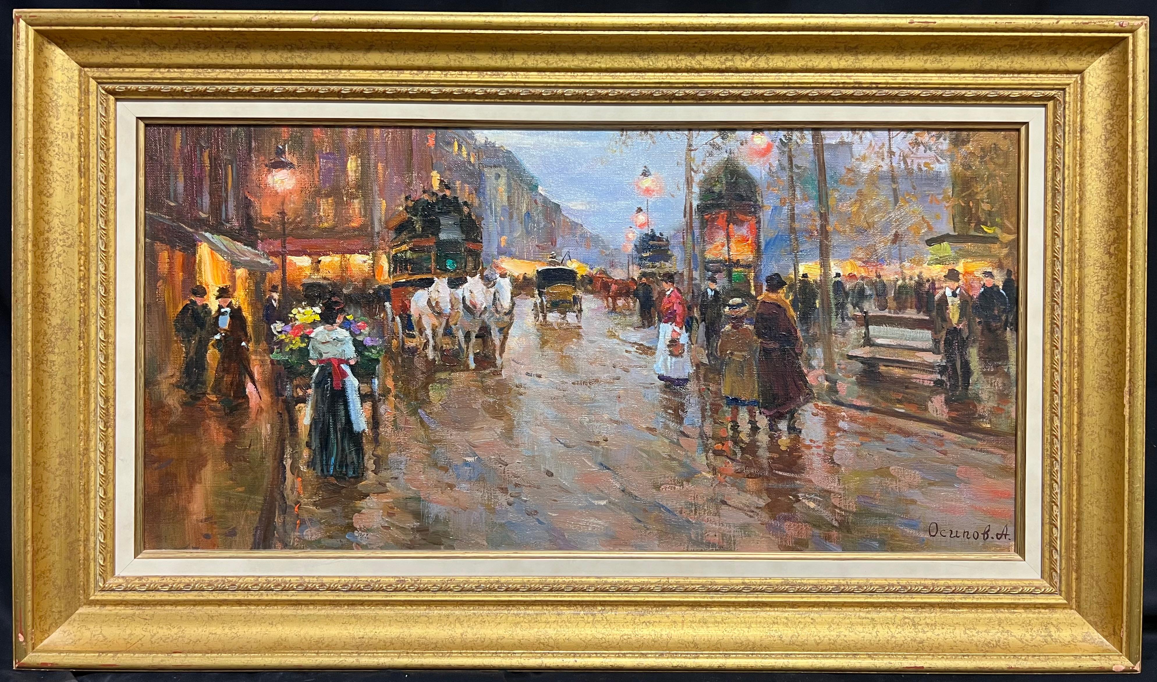 Figurative Painting de Alexander Osipov (1946) - Paseo vespertino por una ciudad bulliciosa Escena del bulevar parisino por un artista ruso