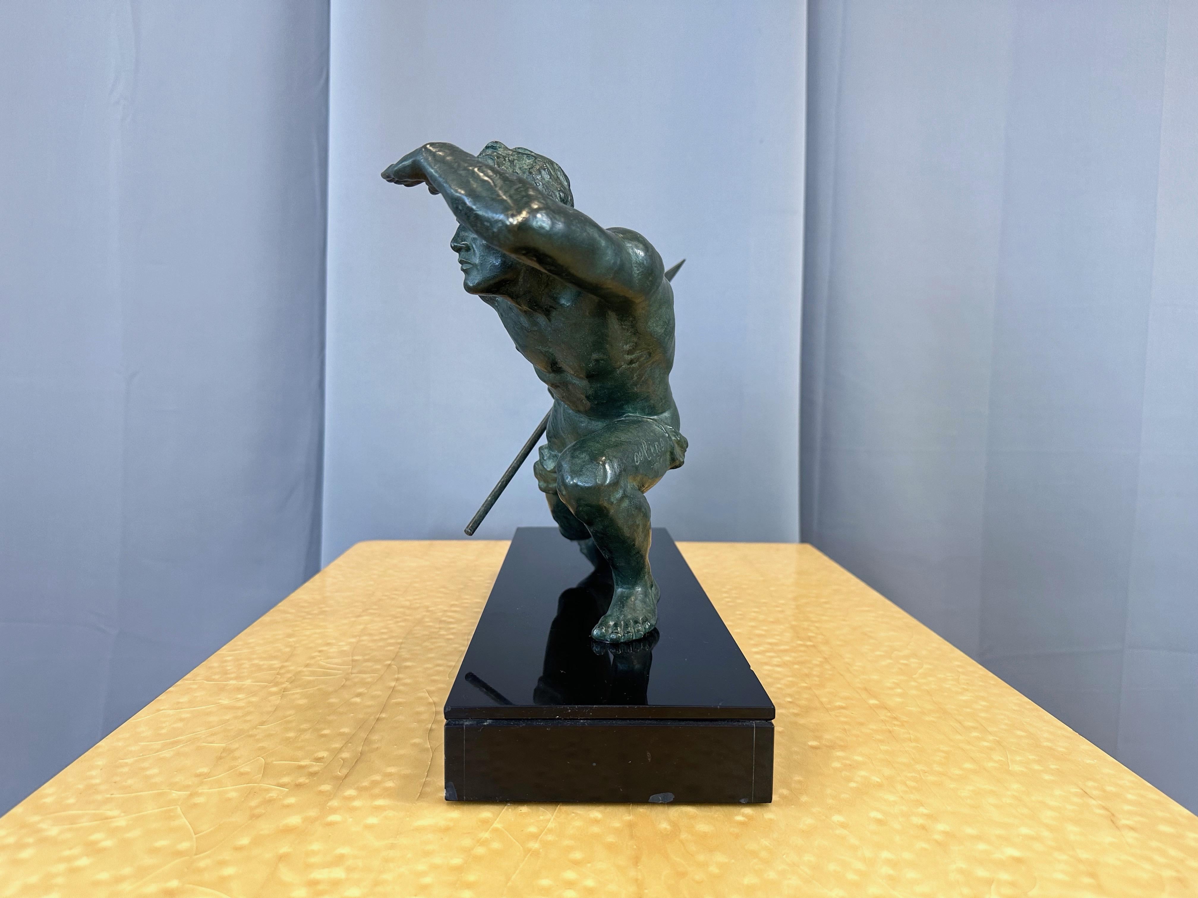 Alexandre Ouline “Le Guetteur au Javelot” Verdigris Bronze Sculpture, c. 1930 3