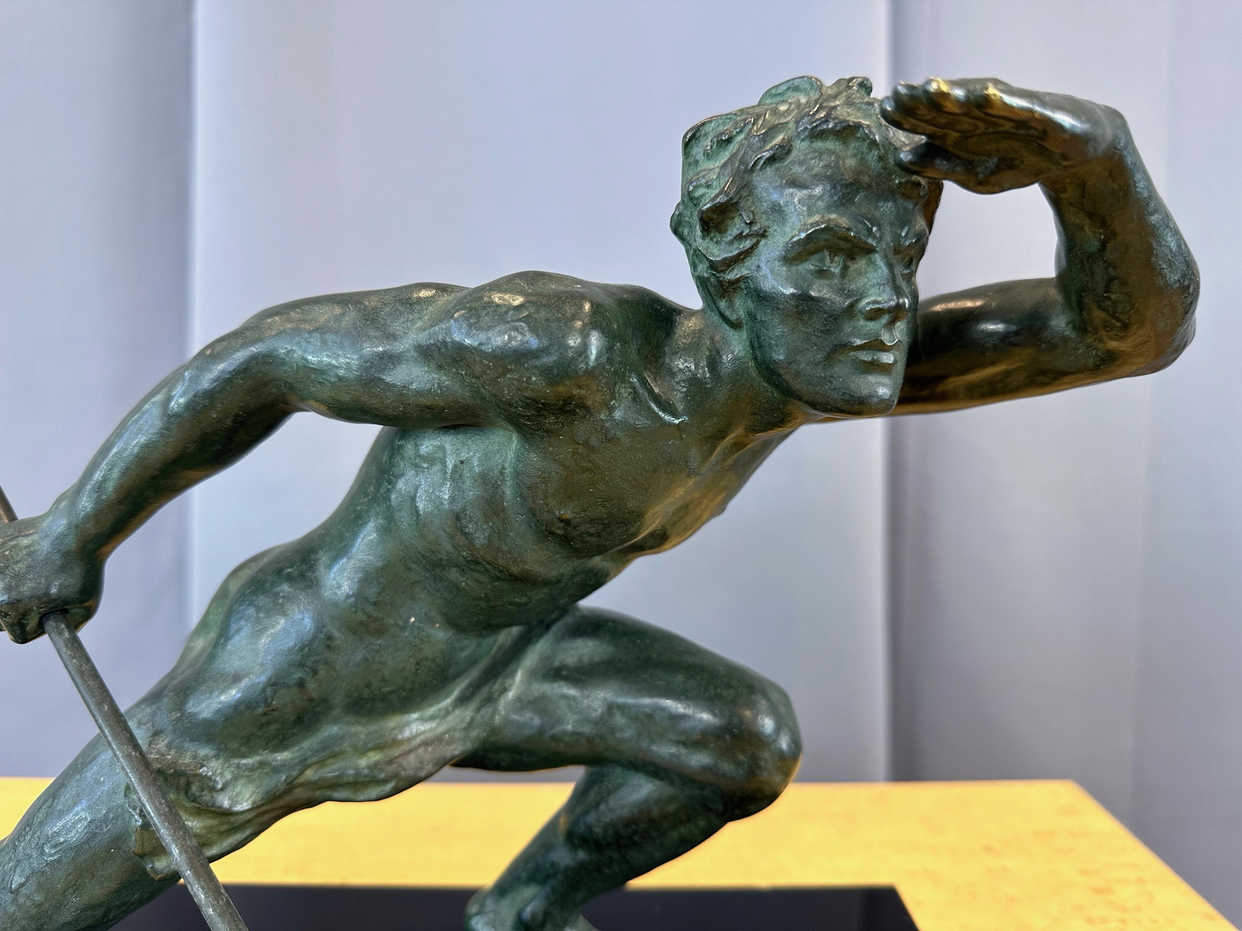 Art Deco Alexandre Ouline “Le Guetteur au Javelot” Verdigris Bronze Sculpture, c. 1930