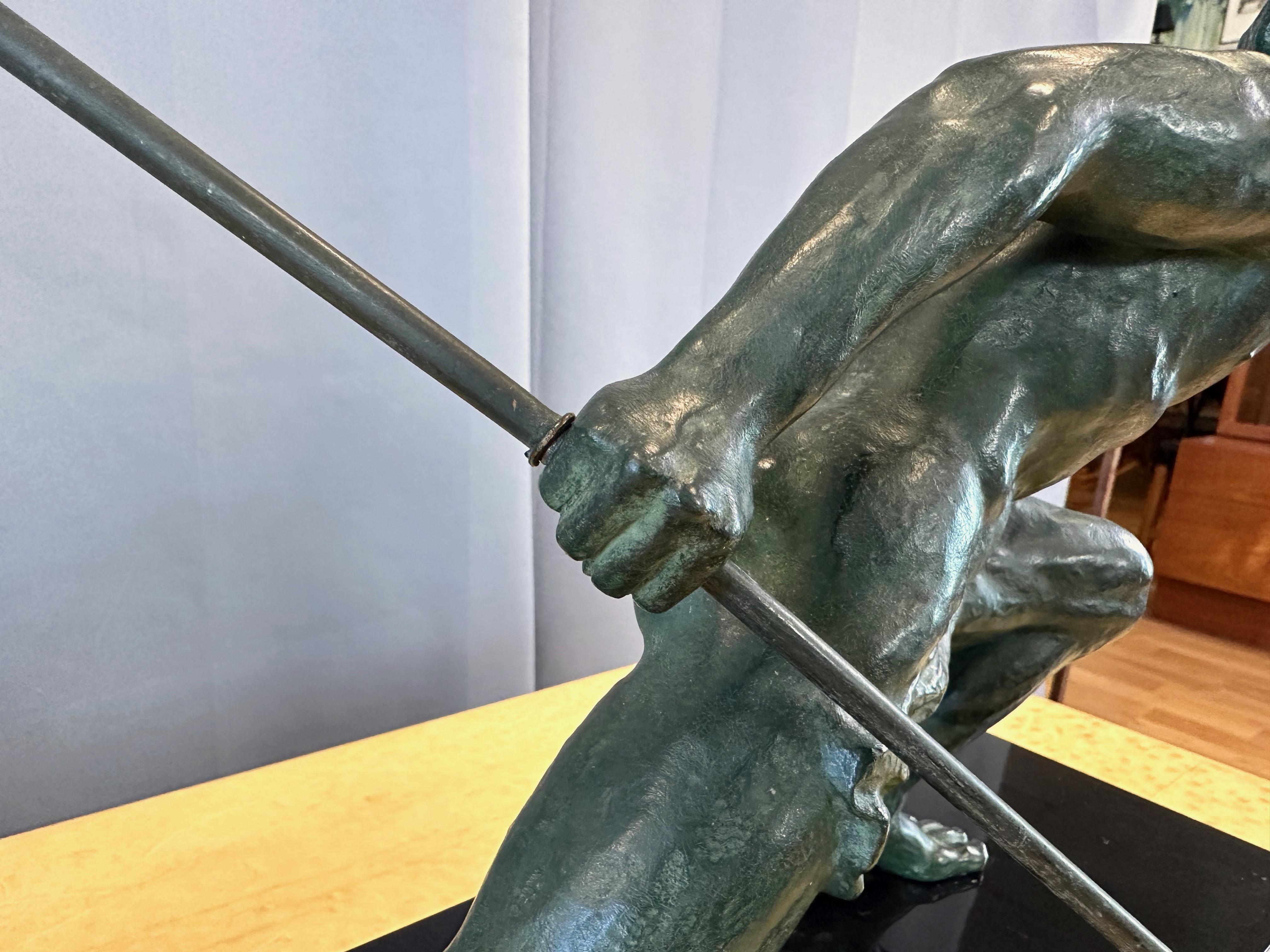 Alexandre Ouline “Le Guetteur au Javelot” Verdigris Bronze Sculpture, c. 1930 In Good Condition In San Francisco, CA