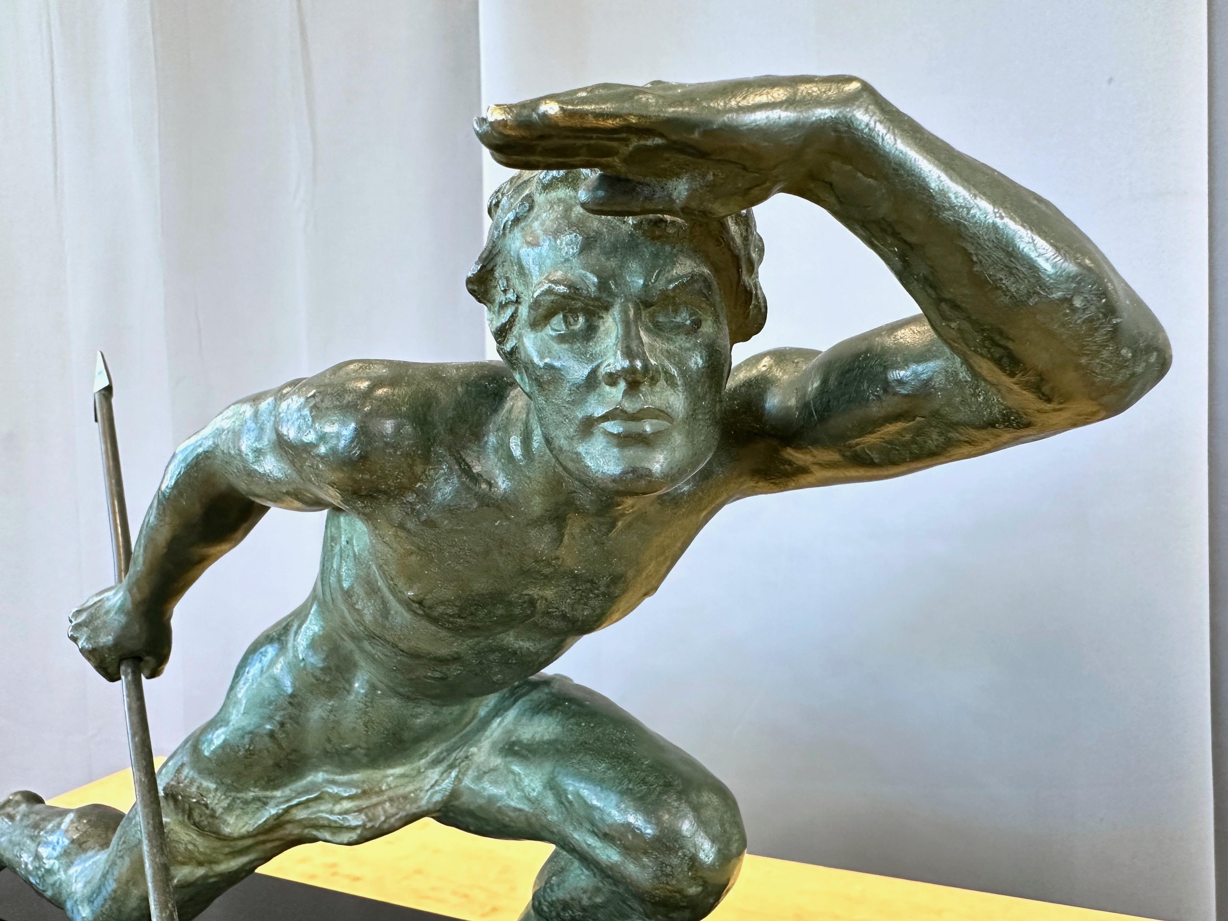 Mid-20th Century Alexandre Ouline “Le Guetteur au Javelot” Verdigris Bronze Sculpture, c. 1930
