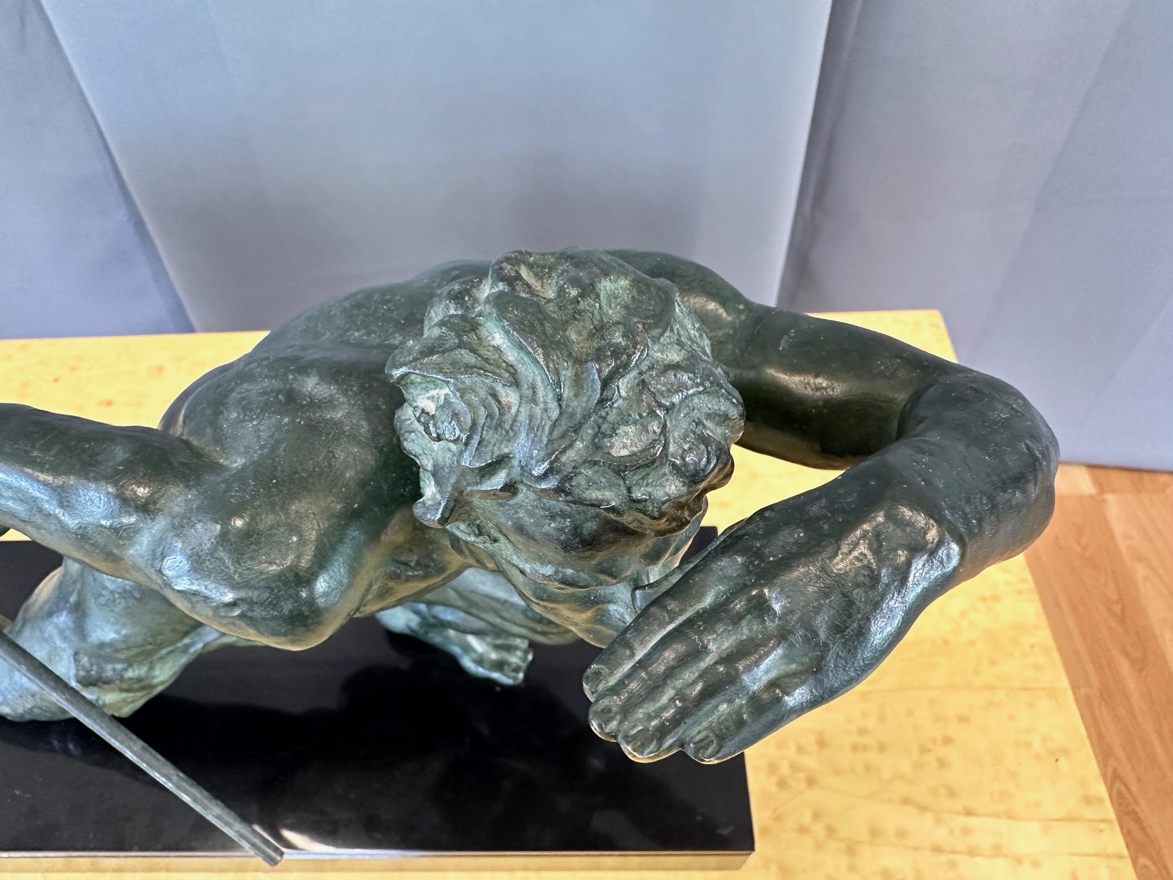 Alexandre Ouline “Le Guetteur au Javelot” Verdigris Bronze Sculpture, c. 1930 1