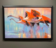 Alexander Pede, "Flamencos", 24x36 Pintura al óleo de pájaros brillantes en el agua
