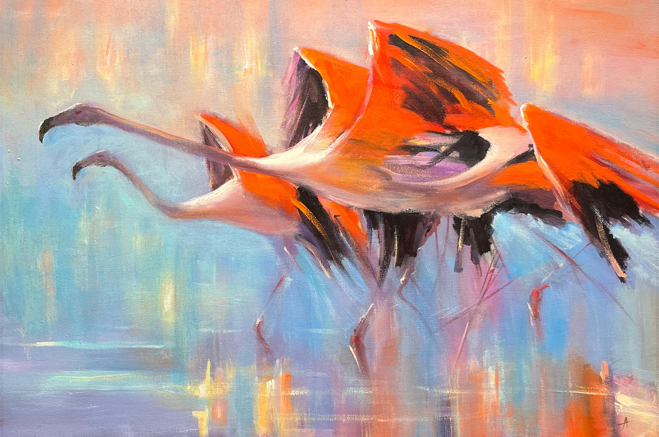 Alexander Pede, "Flamencos", 24x36 Pintura al óleo de pájaros brillantes en el agua