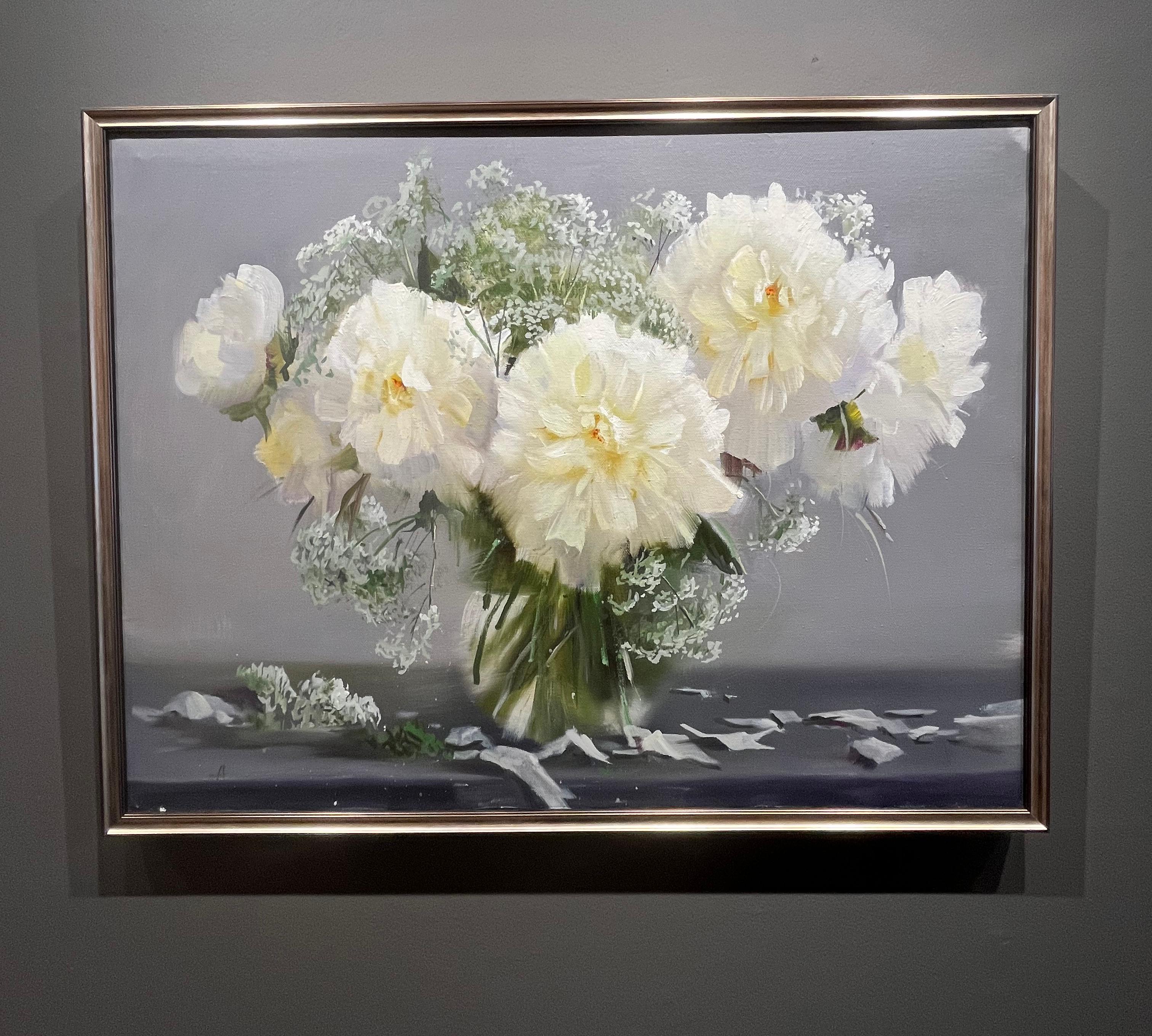Peinture à l'huile « pivoines et dentelle » d'Alexander Pede, Bouquet floral blanc 24 x 30 en vente 1