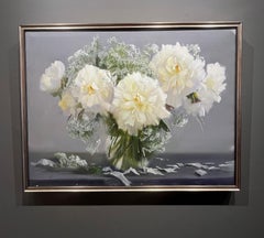 Alexander Pede, "Pfingstrosen und Spitze", 24x30 Weißes Blumenbouquet Ölgemälde