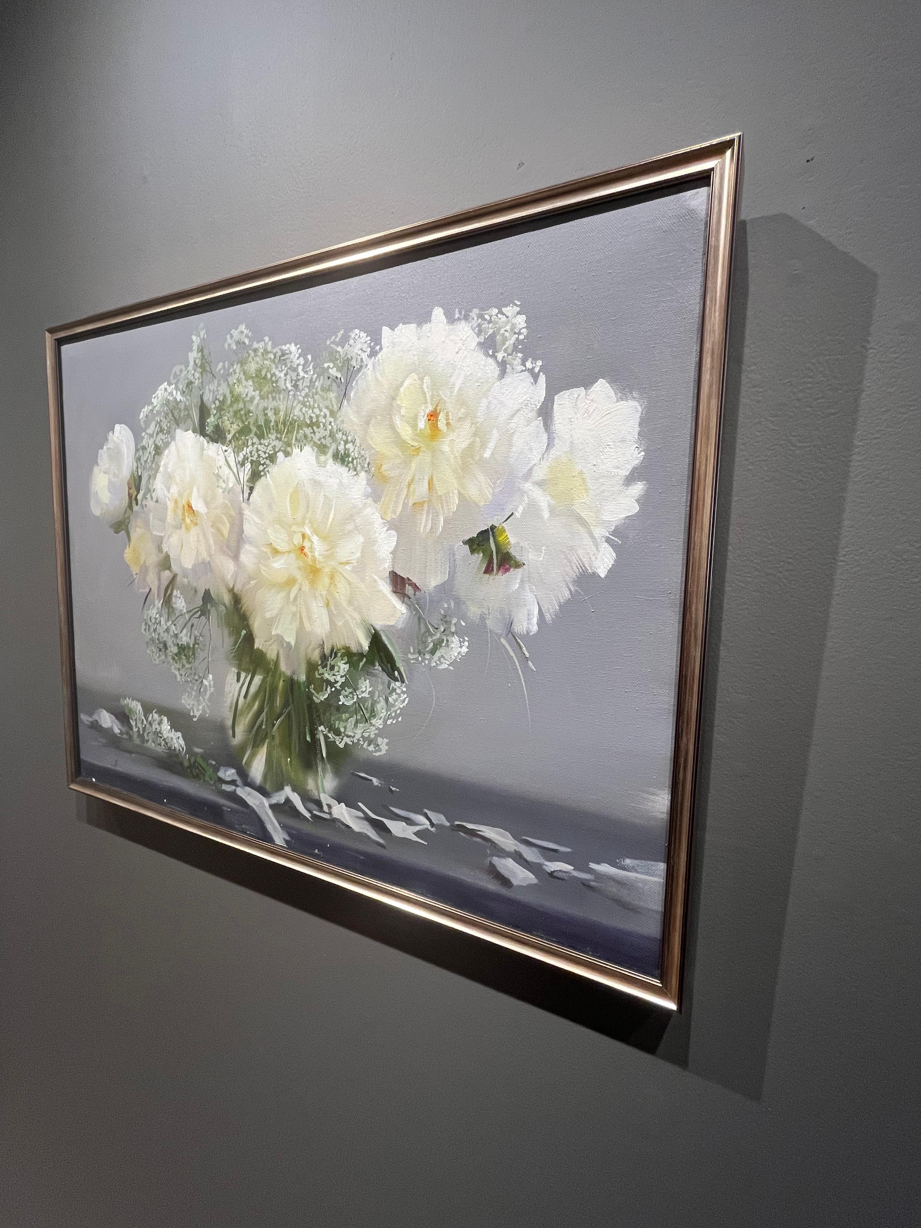 Peinture à l'huile « pivoines et dentelle » d'Alexander Pede, Bouquet floral blanc 24 x 30 en vente 2