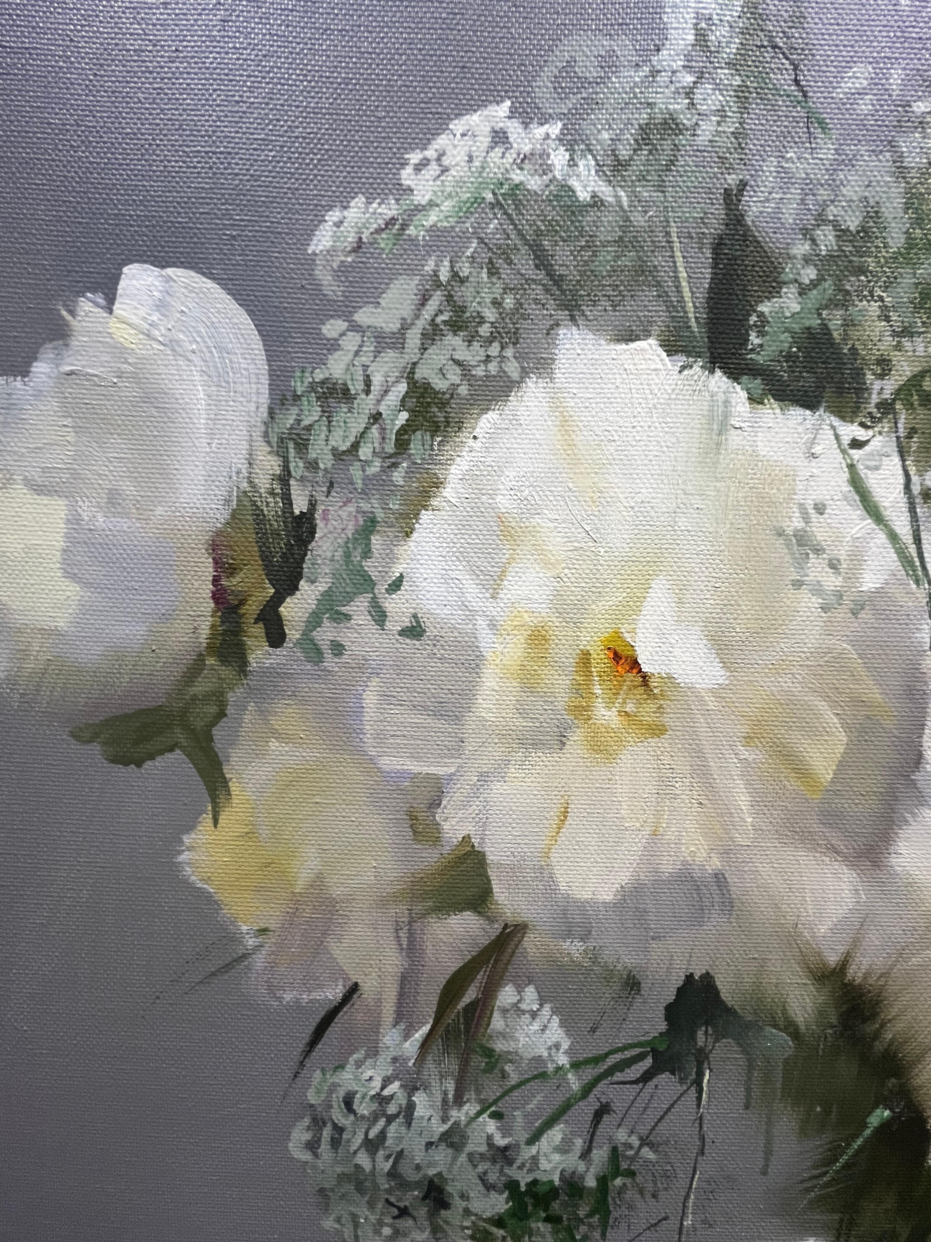 Peinture à l'huile « pivoines et dentelle » d'Alexander Pede, Bouquet floral blanc 24 x 30 en vente 4