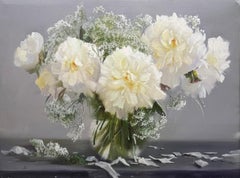 Peinture à l'huile « pivoines et dentelle » d'Alexander Pede, Bouquet floral blanc 24 x 30