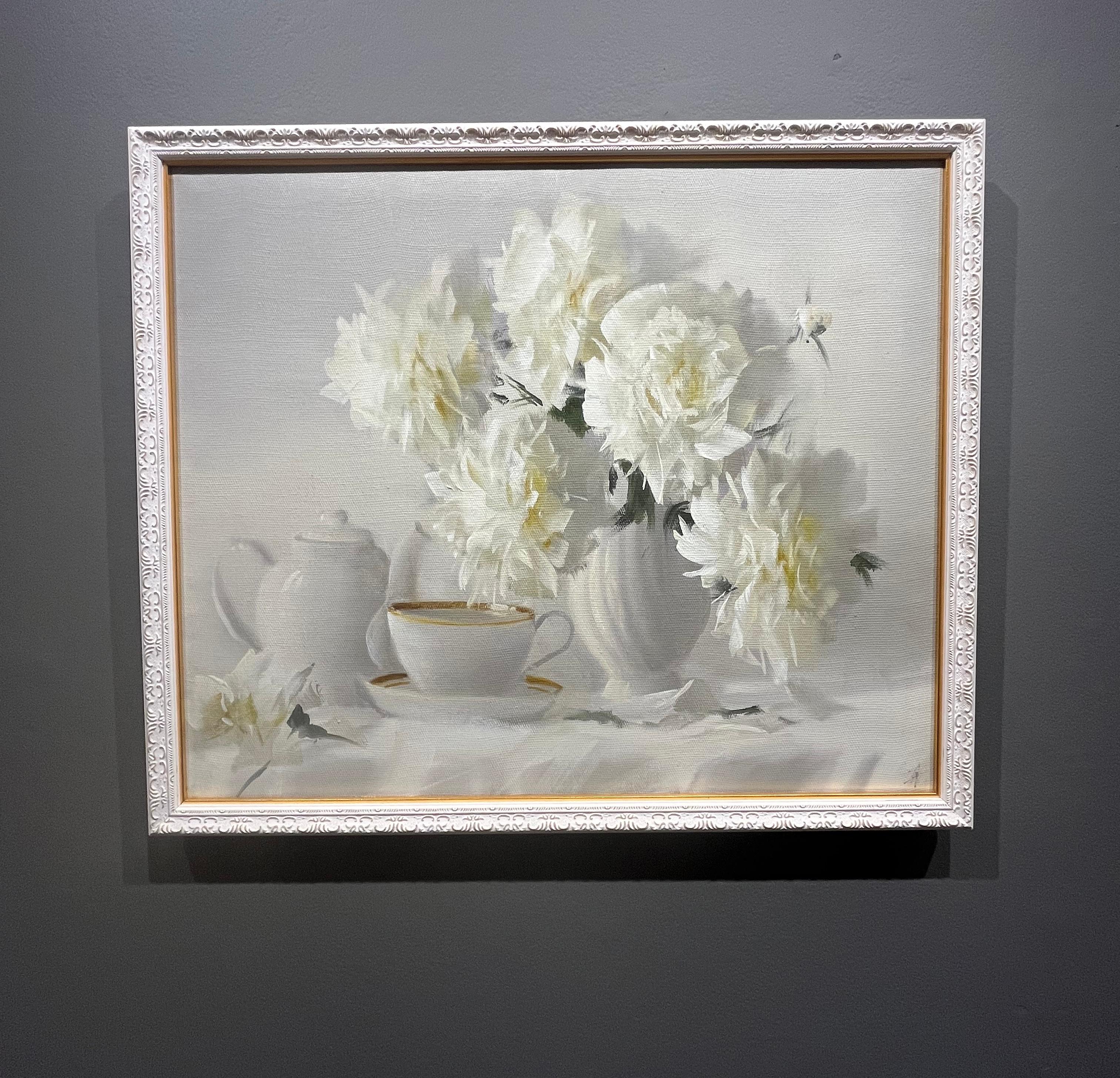 Alexander Pede, „Tea and Blooms“, 20x24 Weißer geblümter Blumenstrauß, Ölgemälde im Angebot 1