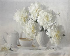 Alexander Pede, "Tea and Blooms", 20x24 White Floral Bouquet Oil Painting
