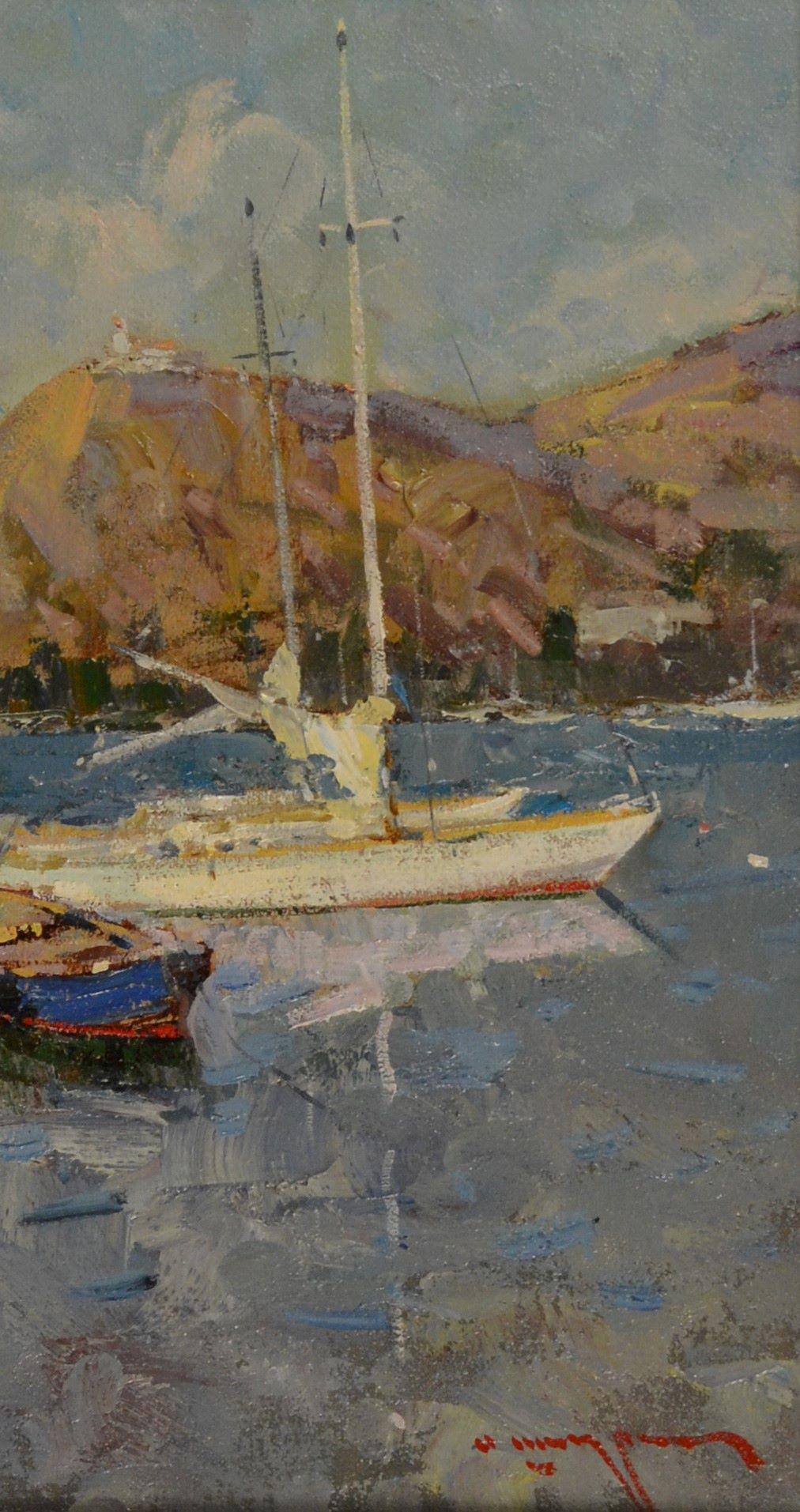 Yacht ormeggiati a South Bay - Landscape Painting Grigio di Alexander Petrovich Shadrin 