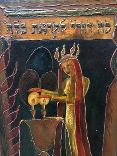 Quadro scultoreo modernista a tecnica mista Pittura Judaica CANDELE SHABBAT