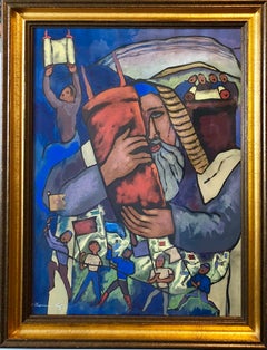 Peinture judaïque moderniste juive de Chicago Simchat Torah, artiste de la WPA, drapeaux israéliens