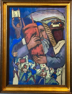 Jewish Modernist Judaica, Gemälde Simchat Torah WPA-Künstler Israeli Flaggen, Chicago, Chicago