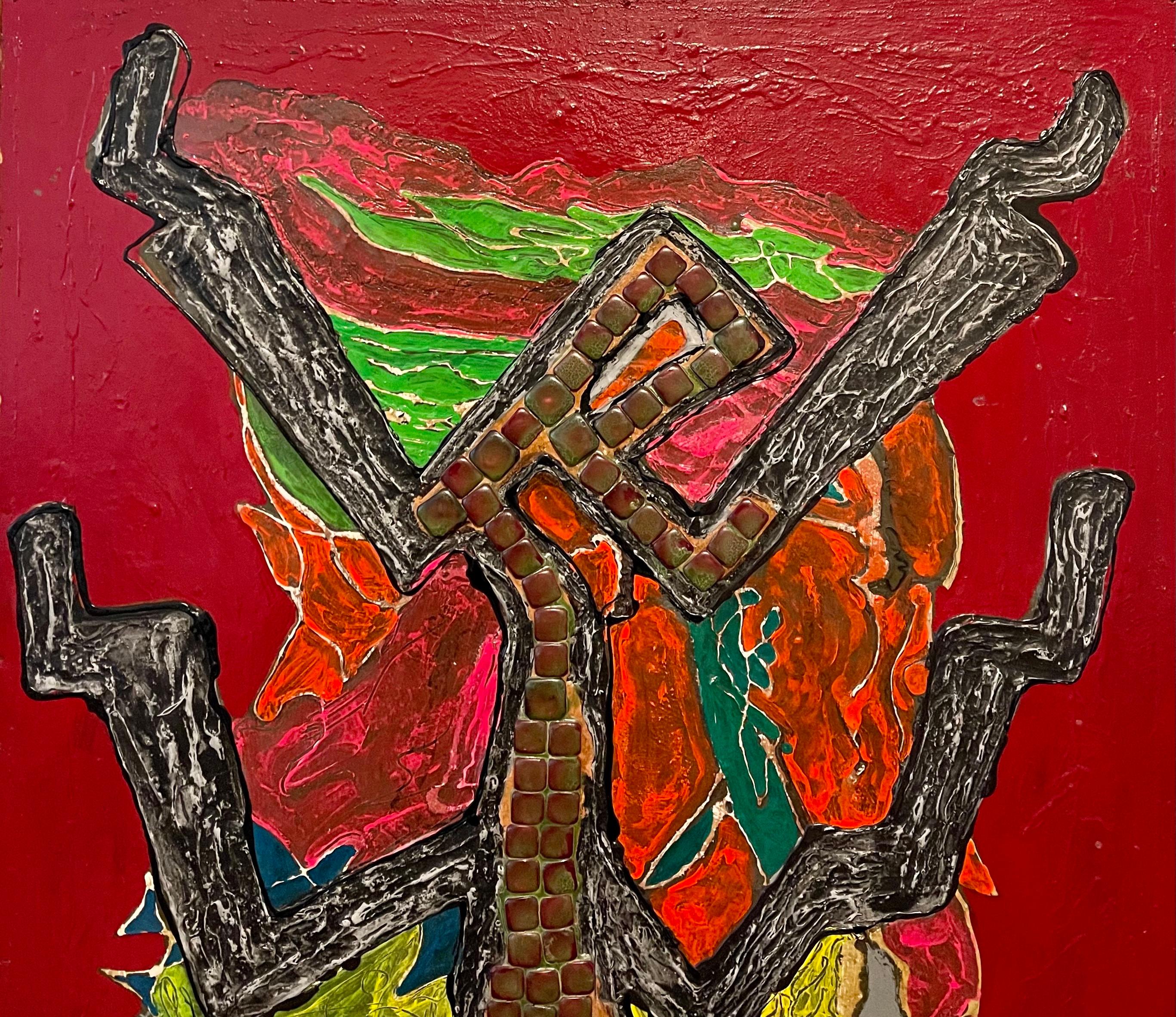 Chicago Judío Modernista Técnica Mixta Pintura Surrealista WPA Artista Mosaico Azulejos - Abstract Painting Marrón de Alexander Raymond Katz