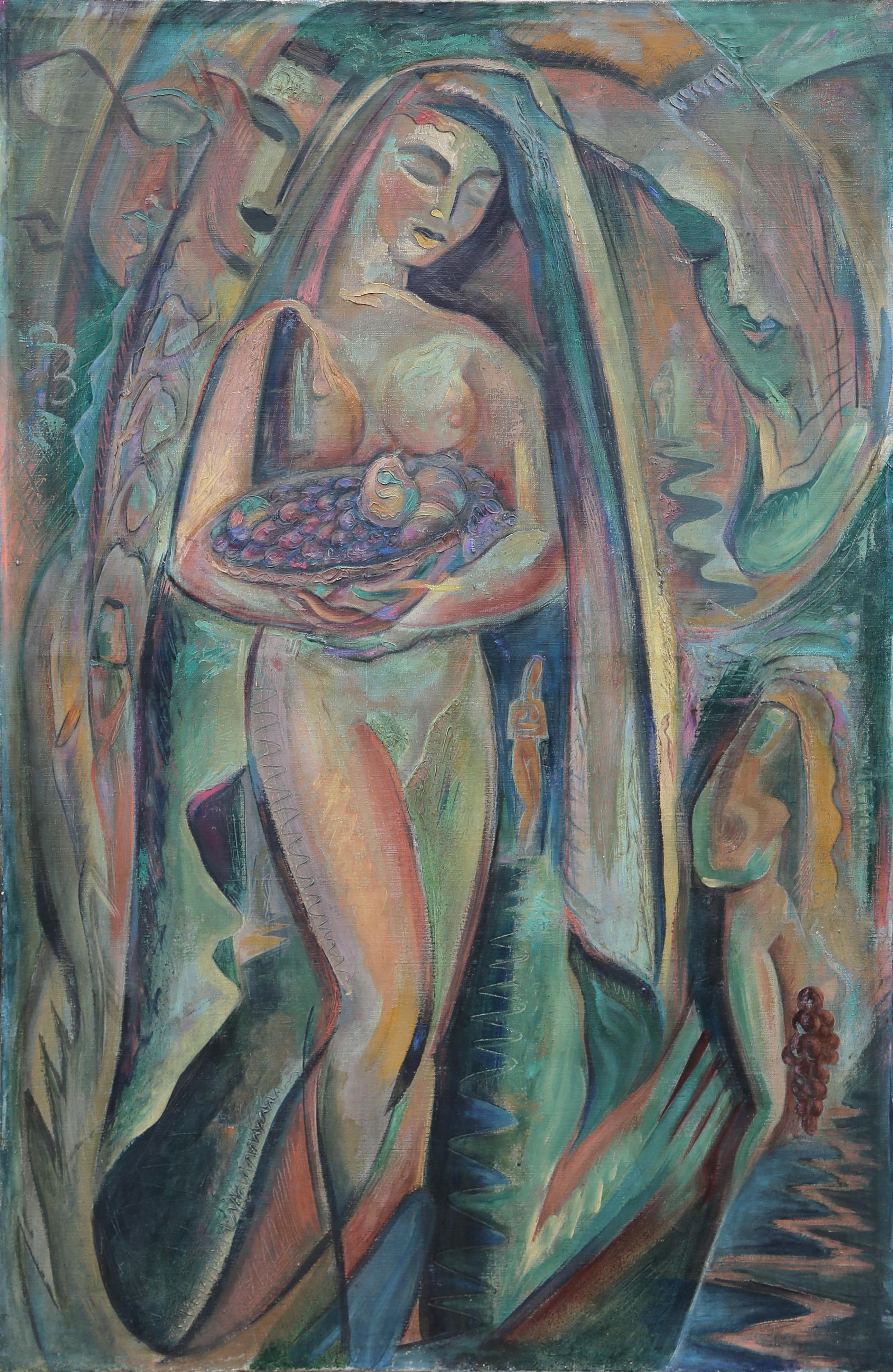 Alexander Raymond Katz Figurative Painting - Nude with Fruit Basket, Oil Painting by A. Raymond Katz c1949