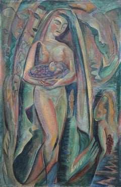 Desnudo con cesta de fruta, pintura al óleo de A. Raymond Katz c1949