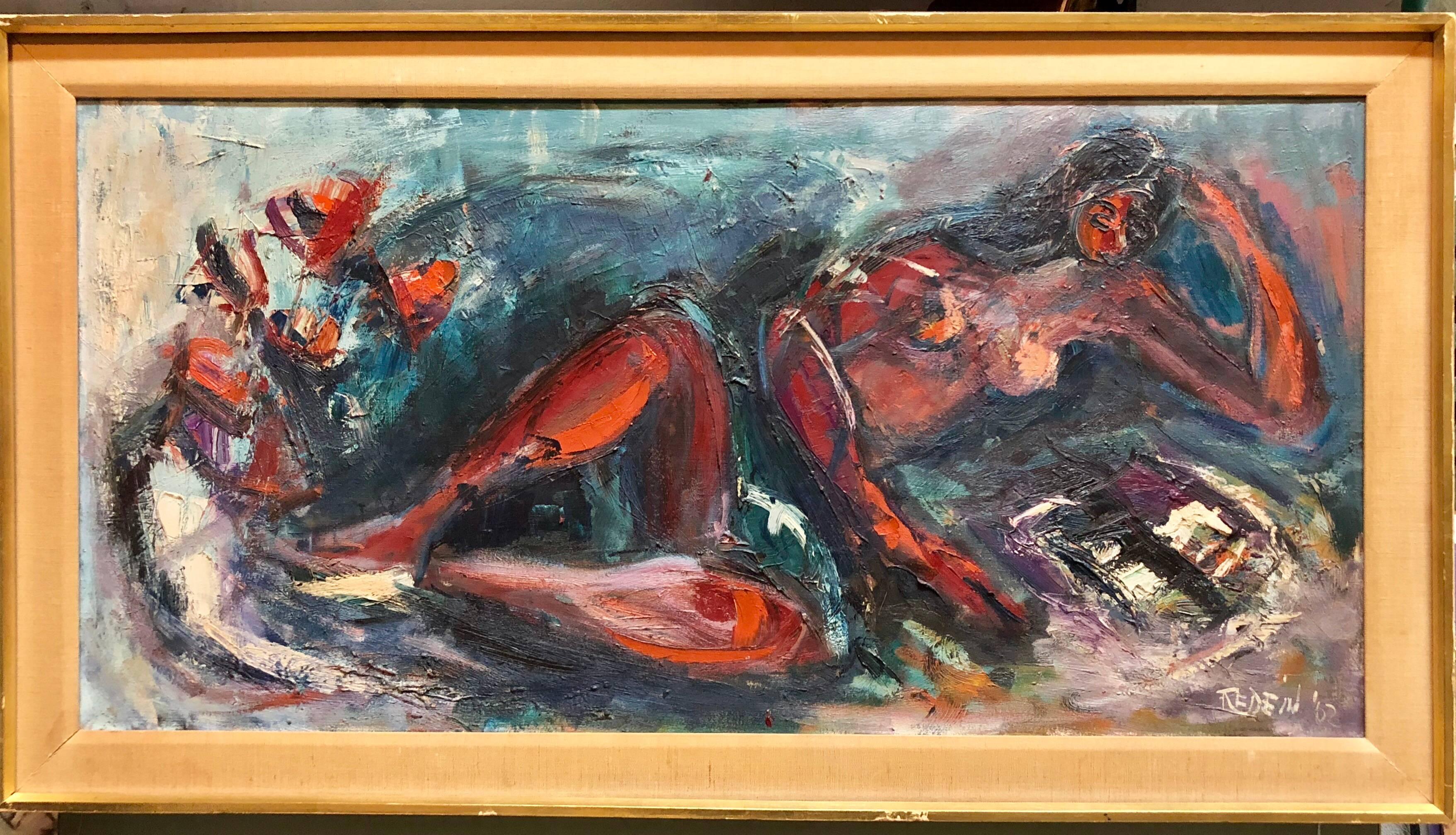 This is a large reclining nude done in an expressionist heavy impasto style. 
Alexander Redein 
Alex Redein was born on January 21, 1912 in Bridgeport, Connecticut.  He was a prominent member of the New York art community for many years.  He studied