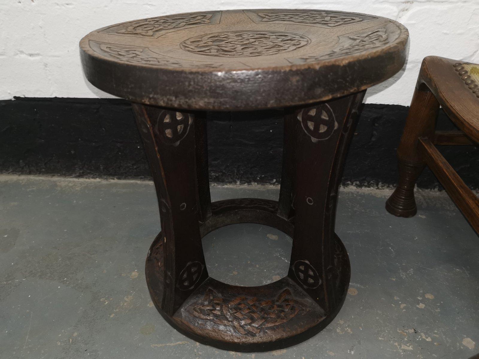 Arts and Crafts Alexander Ritchie. a Glasgow School Stool with Carved Celtic Decoration For Sale