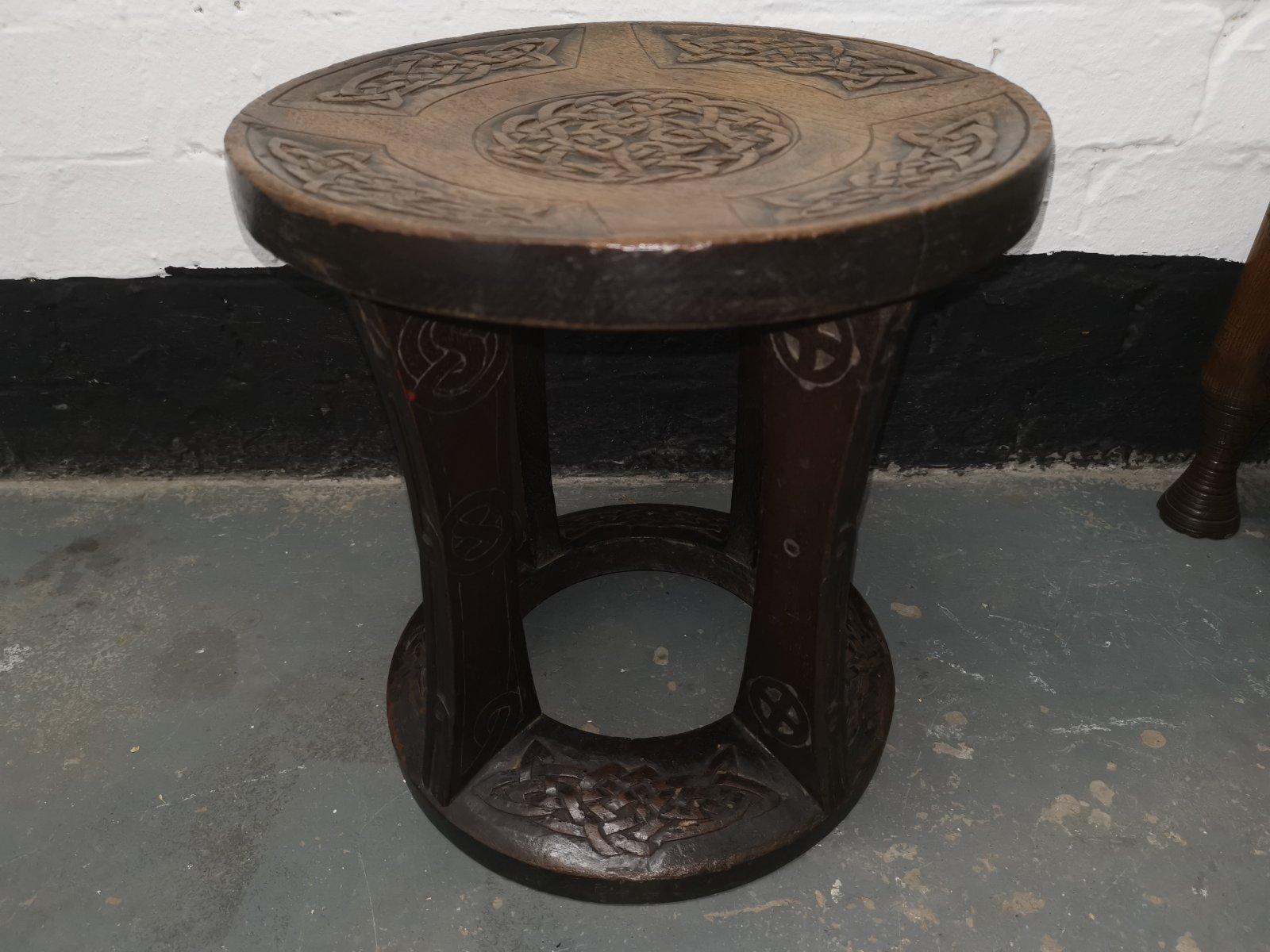 English Alexander Ritchie. a Glasgow School Stool with Carved Celtic Decoration For Sale