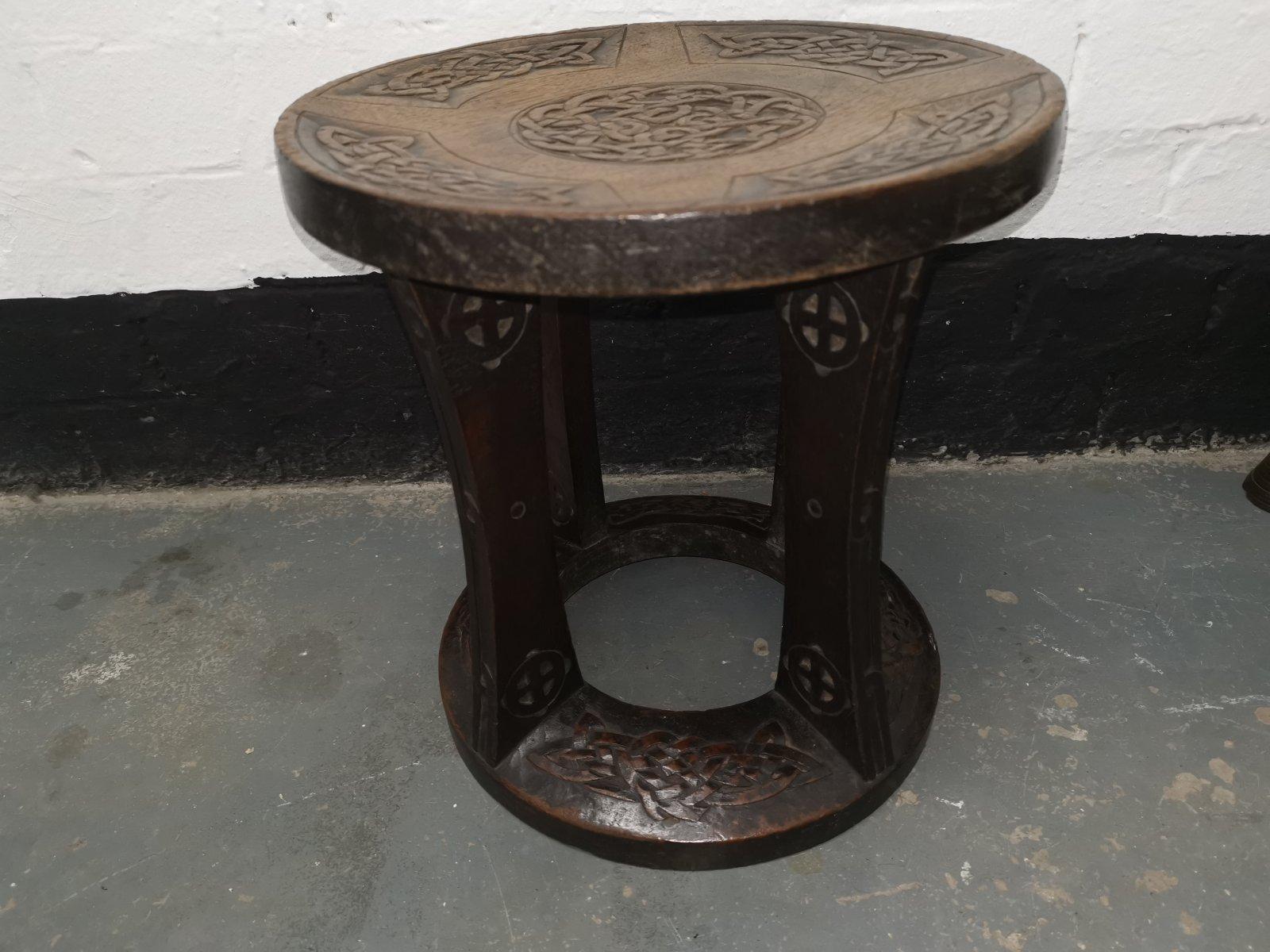Hand-Crafted Alexander Ritchie. a Glasgow School Stool with Carved Celtic Decoration For Sale