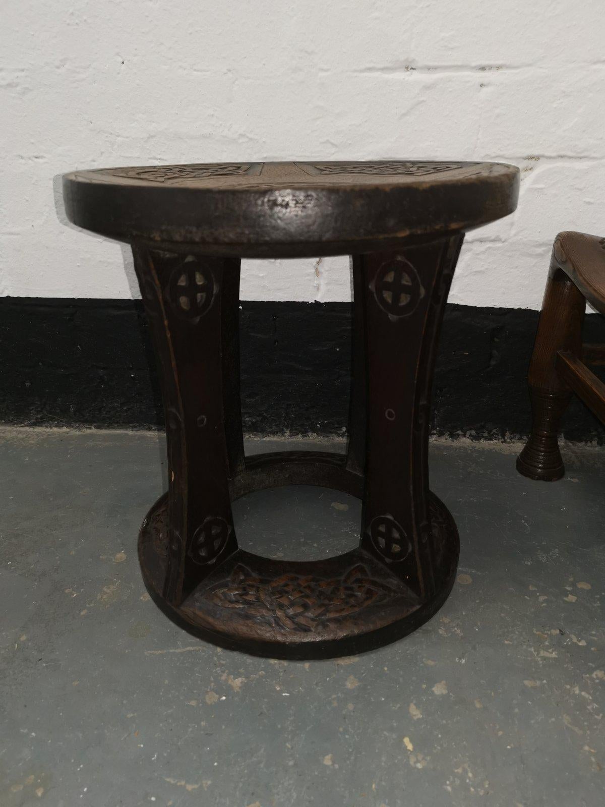 20th Century Alexander Ritchie. a Glasgow School Stool with Carved Celtic Decoration For Sale