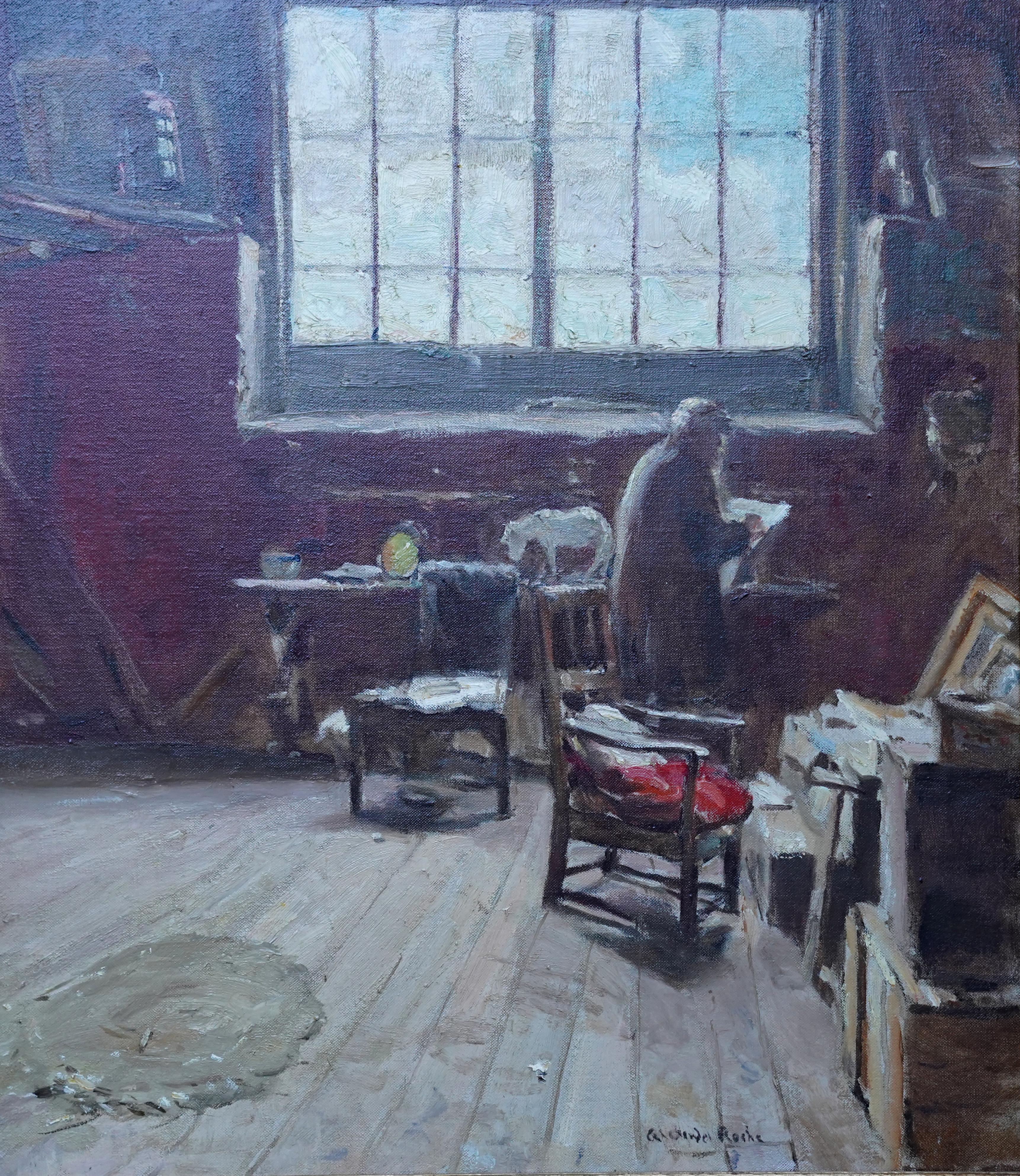 The Artist's Studio - Scottish 1914 Glasgow Boy art exh interior oil painting - Painting by Alexander Roche