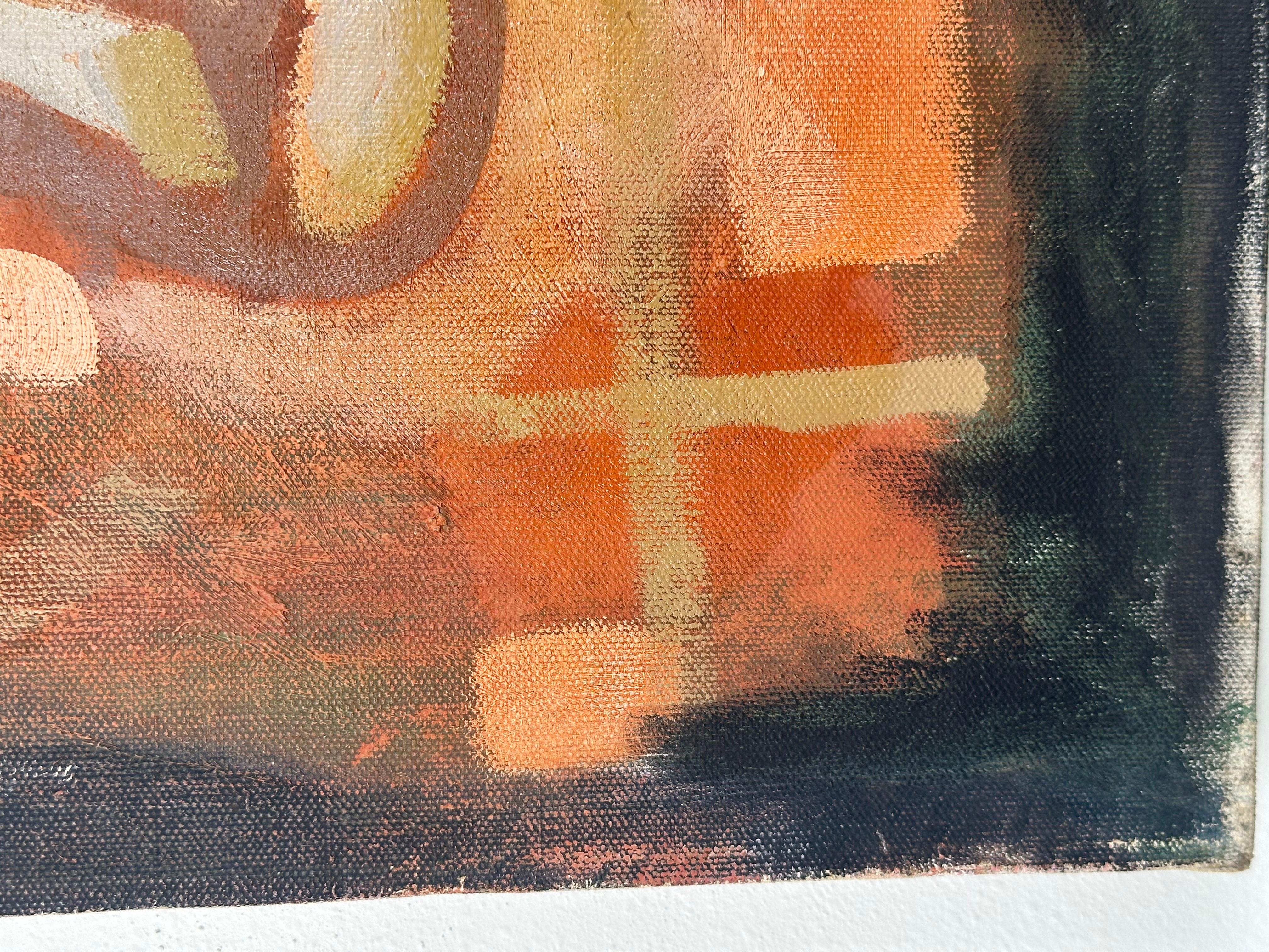 Constructivist abstract painting, ca. 1940

Oil on canvas, 20 x 24 inches.

Unframed, unsigned.

In all likelihood, the painting is American, not European or Russian.

Marking on verso does not resemble a signature but suggests random test marking