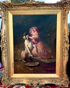 Niña cuidando de su perro Spaniel, Siglo XIX, atardecer al aire libre