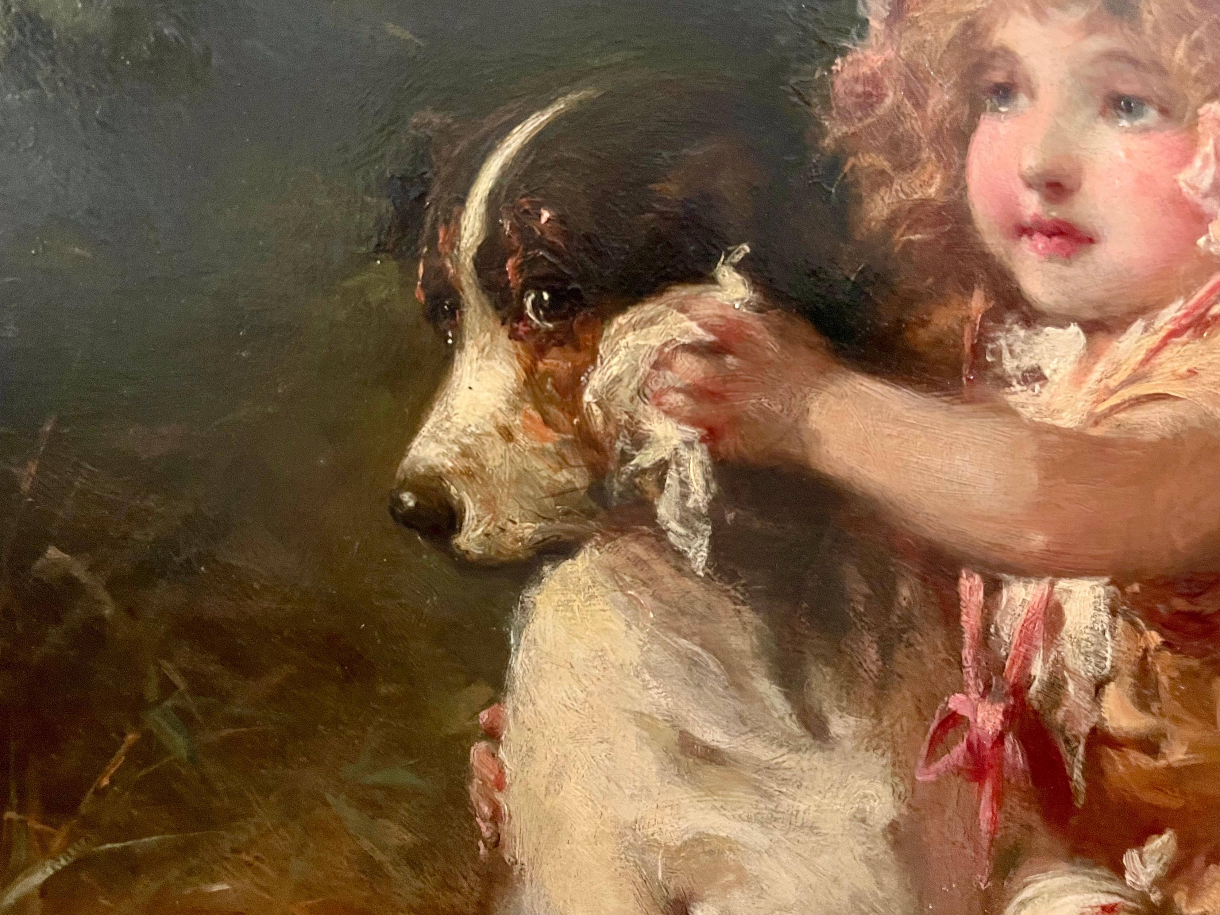 Uno dei soggetti più popolari di Rosel, è noto per le sue figure di bambine e animali.  In questo dipinto di buone dimensioni è particolarmente affascinante la figura della bambina che allatta il suo cane domestico. Lava il muso del cane con un