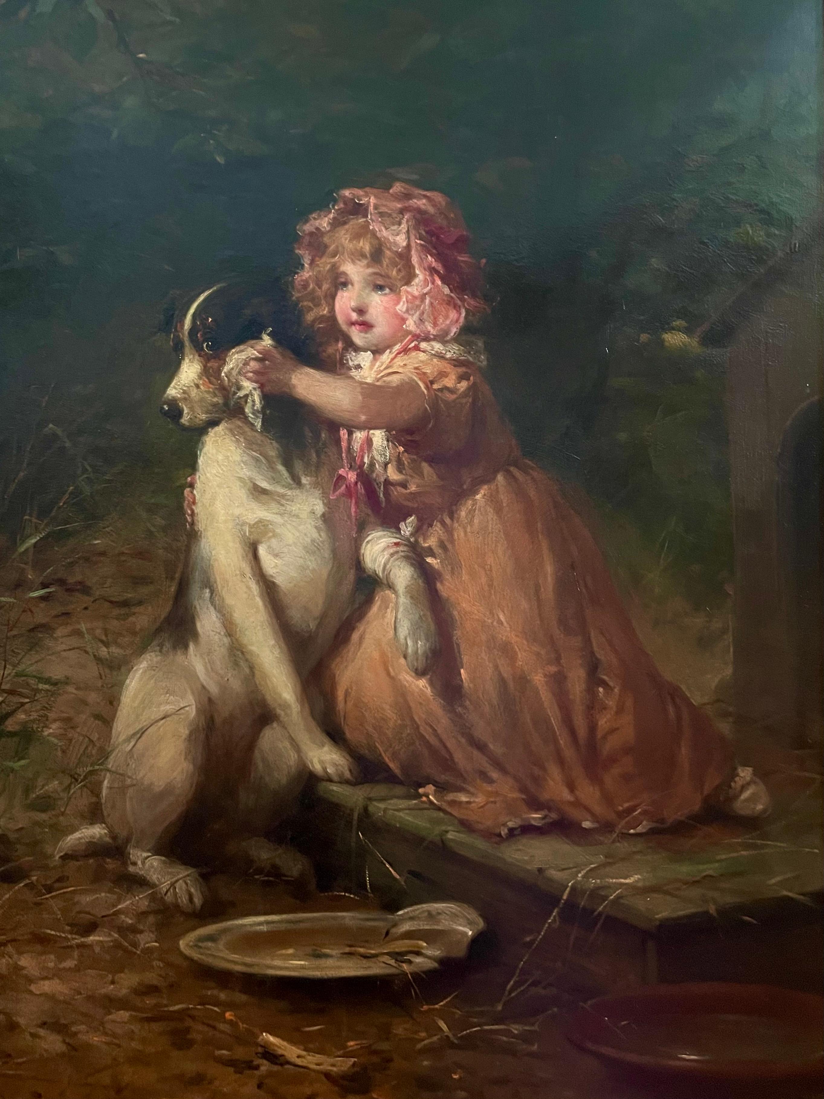 Figurative Painting di Alexander Rosell - Ritratto di ragazza che allatta il suo cane da compagnia, 1904
