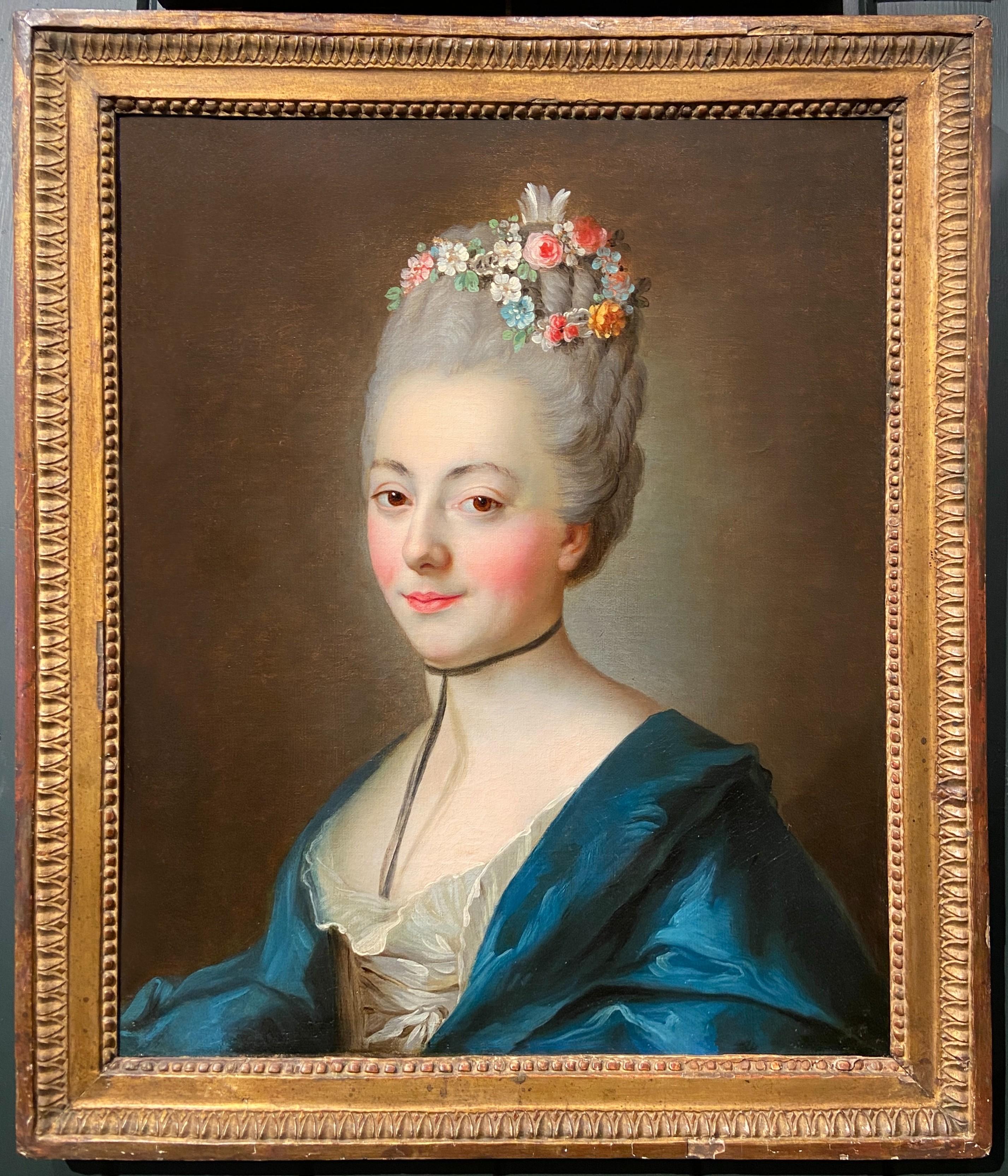 Portrait d'une femme avec ses cheveux ornés de fleurs, 18ème siècle français - Painting de Alexander Roslin