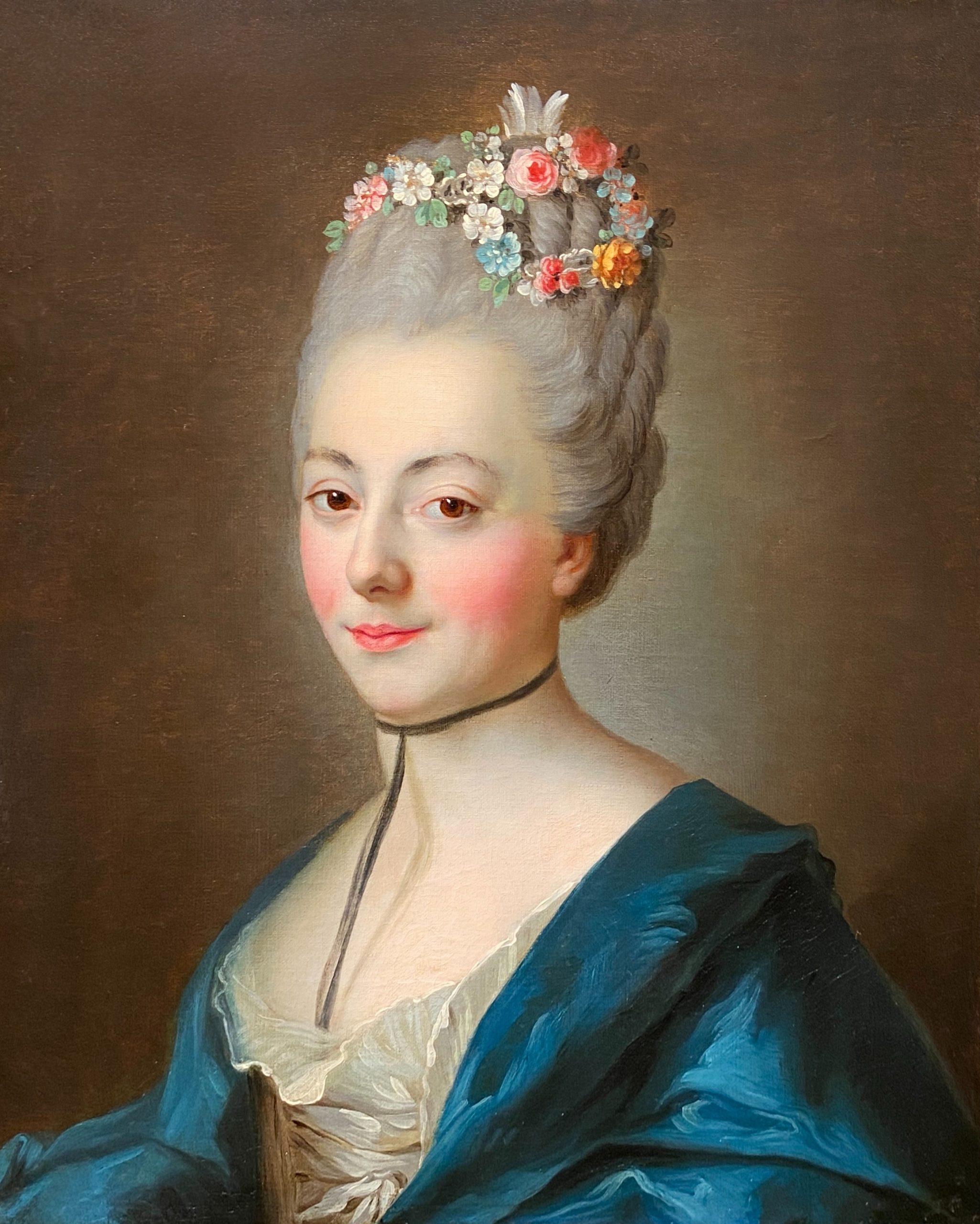 Portrait Painting Alexander Roslin - Portrait d'une femme avec ses cheveux ornés de fleurs, 18ème siècle français