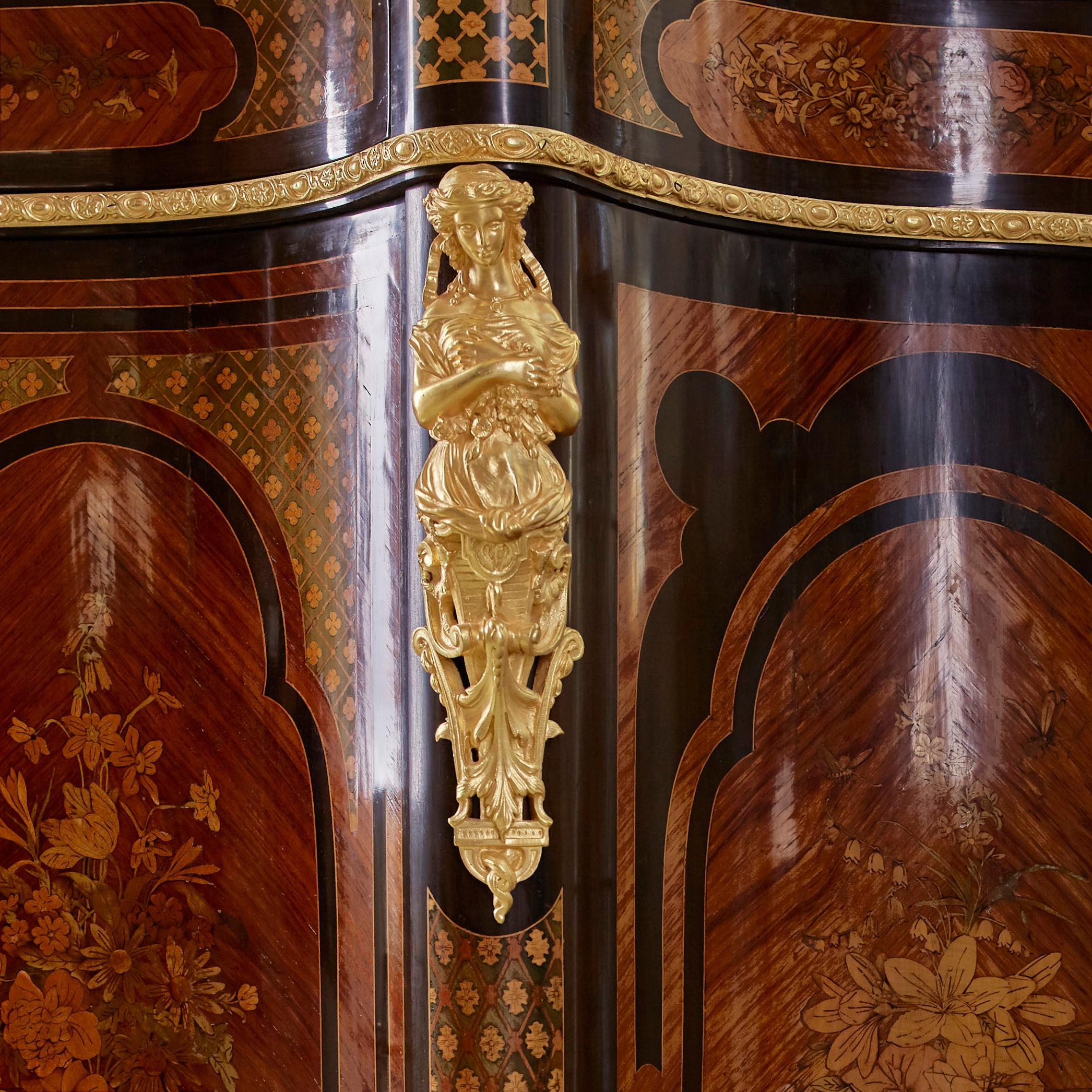 19th Century Alexander Roux Serpentine Inlaid Side Cabinet’ Uses Mainly Light Wood Materials For Sale
