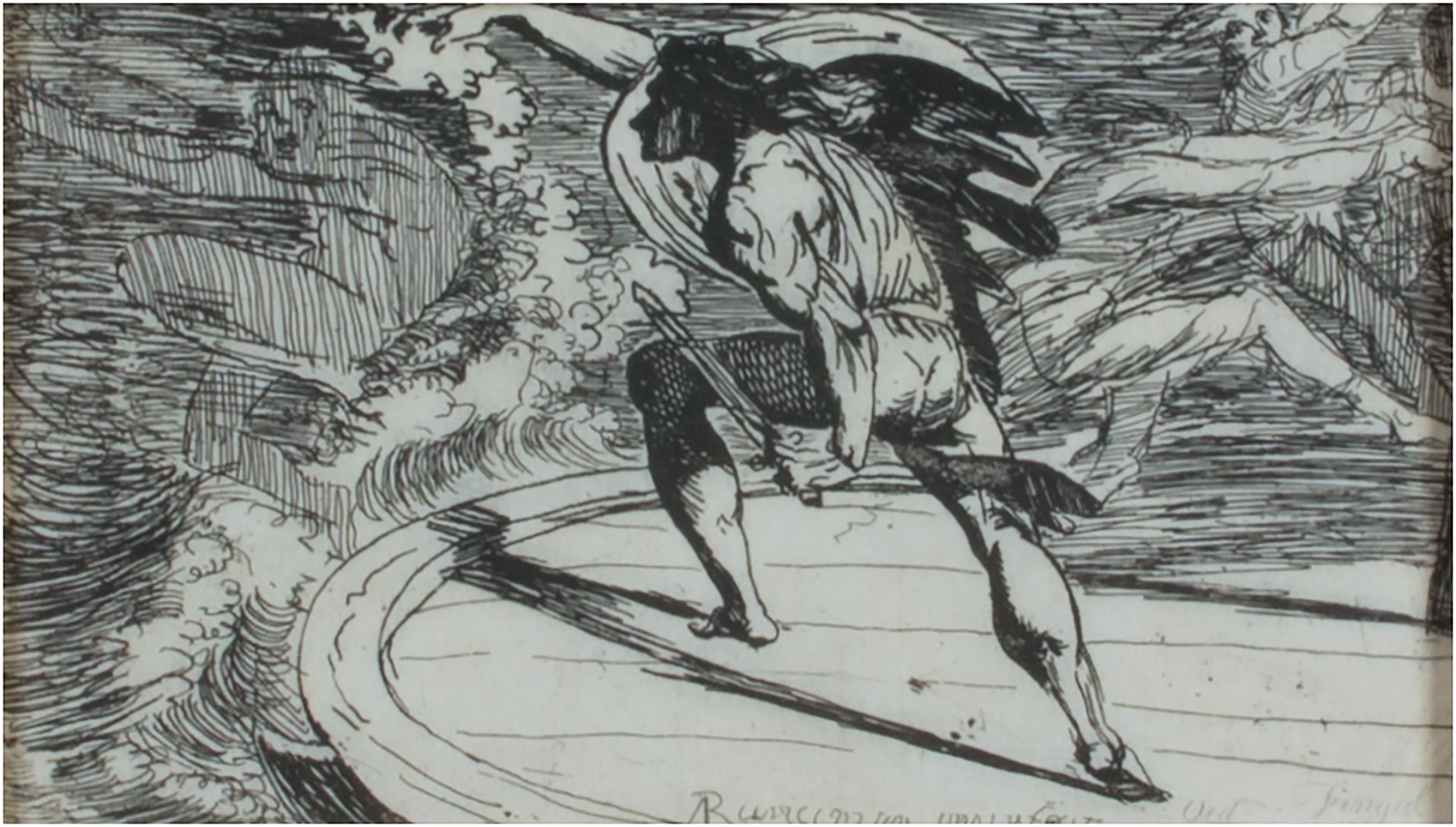 „Cormar attacking a Spirit on the Waters“, „ Neoklassizistische Radierung von A. Runciman