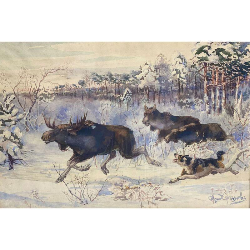 Alexander S. Khrenov watercolor hunting scene

The watercolor painting depicts 3 predatory animals chasing an elk in a snowy forest. Artist signed 