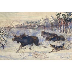 Aquarelle d'une scène de chasse d'Alexander S. Khrenov