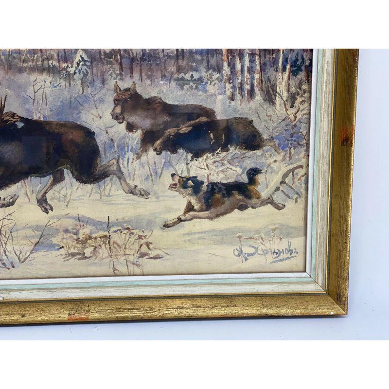 19th Century Alexander S. Khrenov Watercolor Hunting Scene For Sale