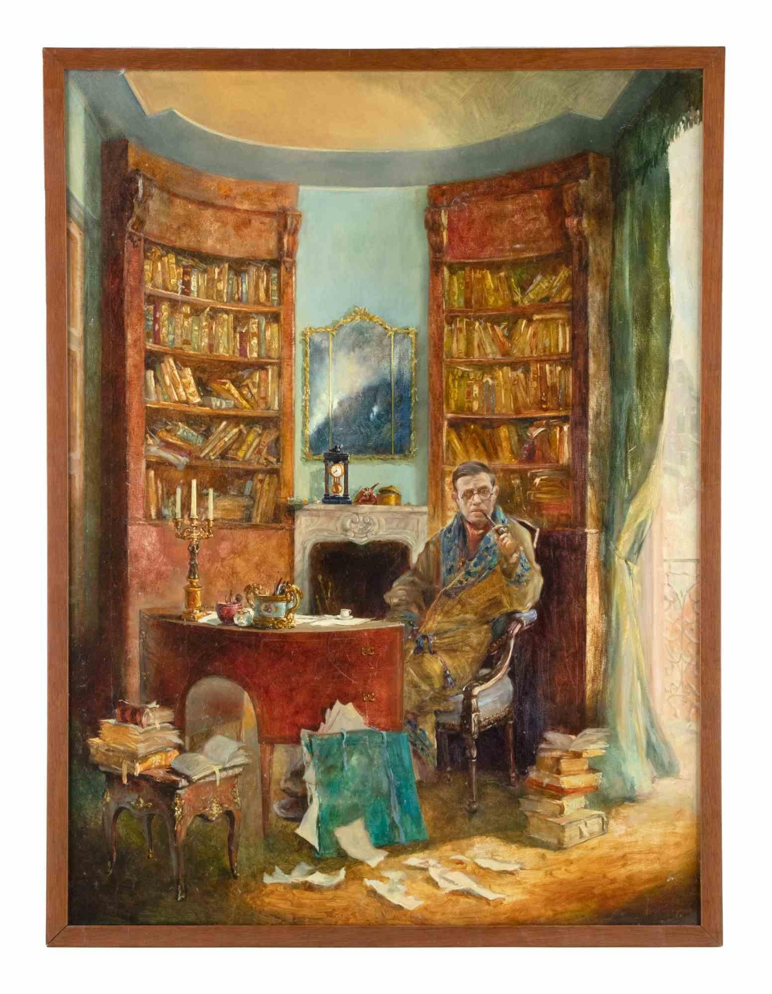 Alexander Sergheev Figurative Painting - J. Paul Sartre in his Studio in Paris - Oil Painting by A. Sergeev - 1995