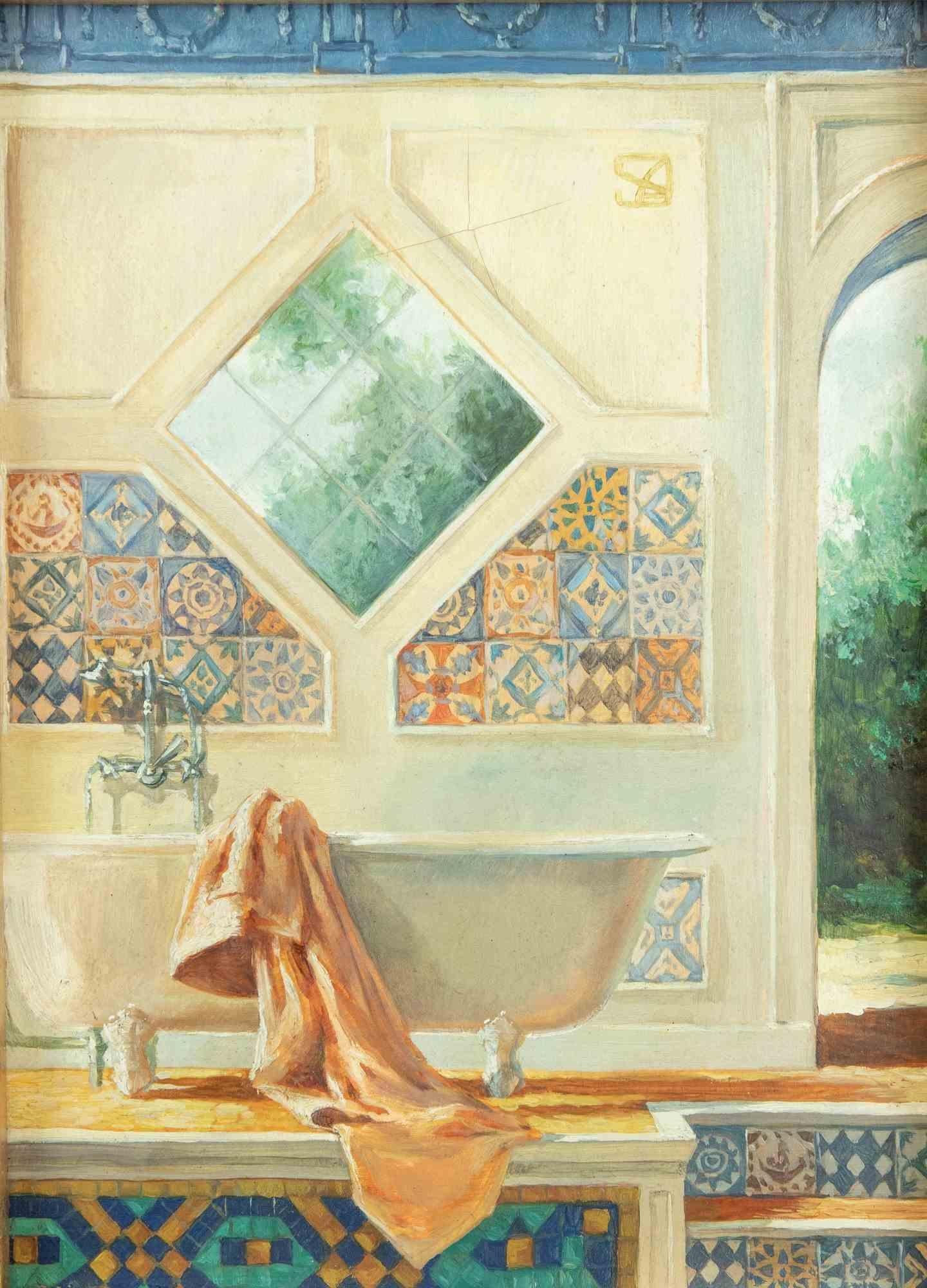 Alexander Sergheev Interior Painting - Oriental Bathroom - Oil Painting by Alexander Sergeev  - 1990s