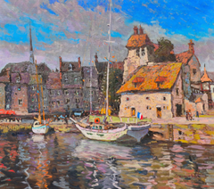 Historic Honfleur Cityscape Impressionism Original Oil Painting, Ready to Hang