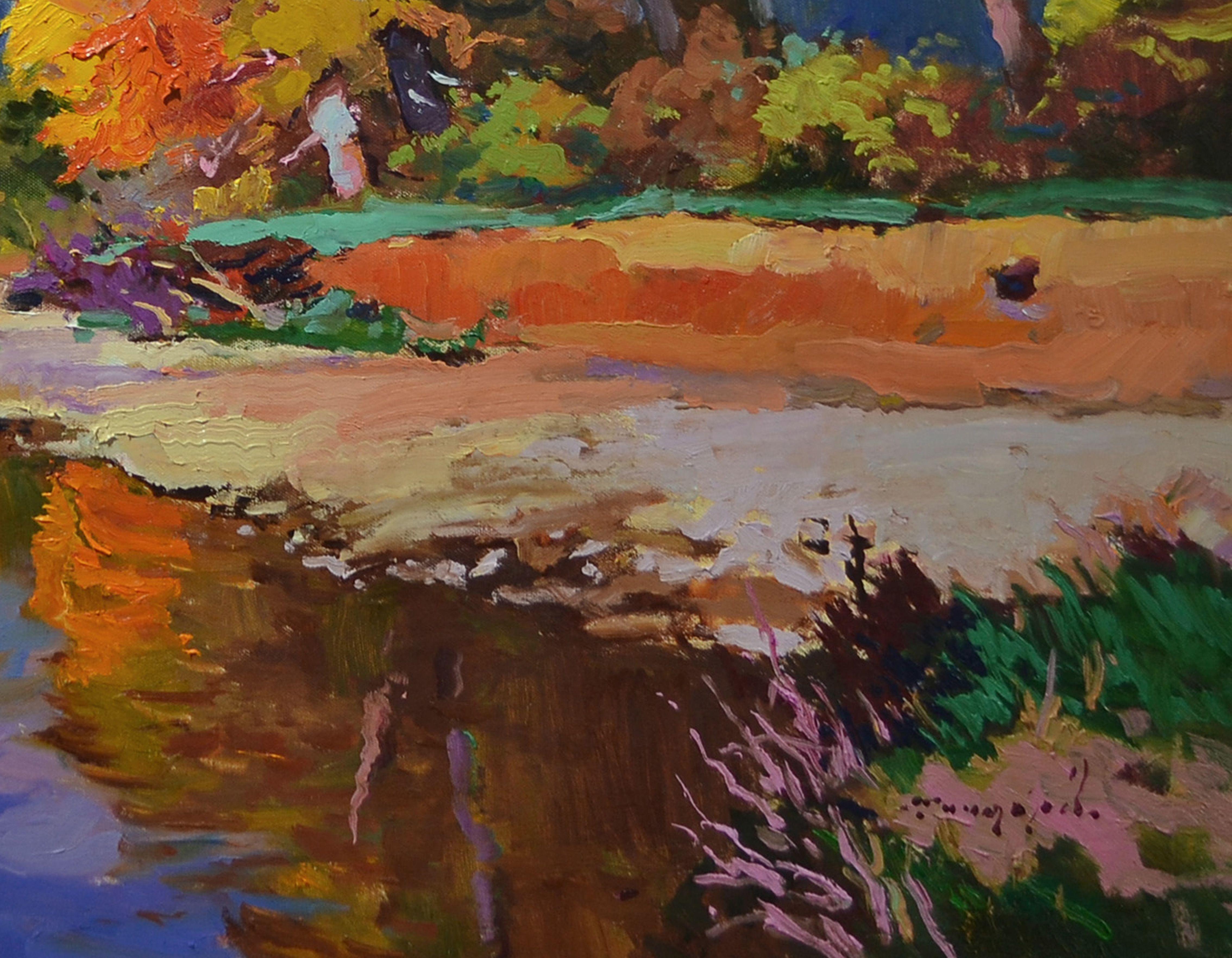 Autumn on the Tisza River, Painting, Oil on Canvas For Sale 2