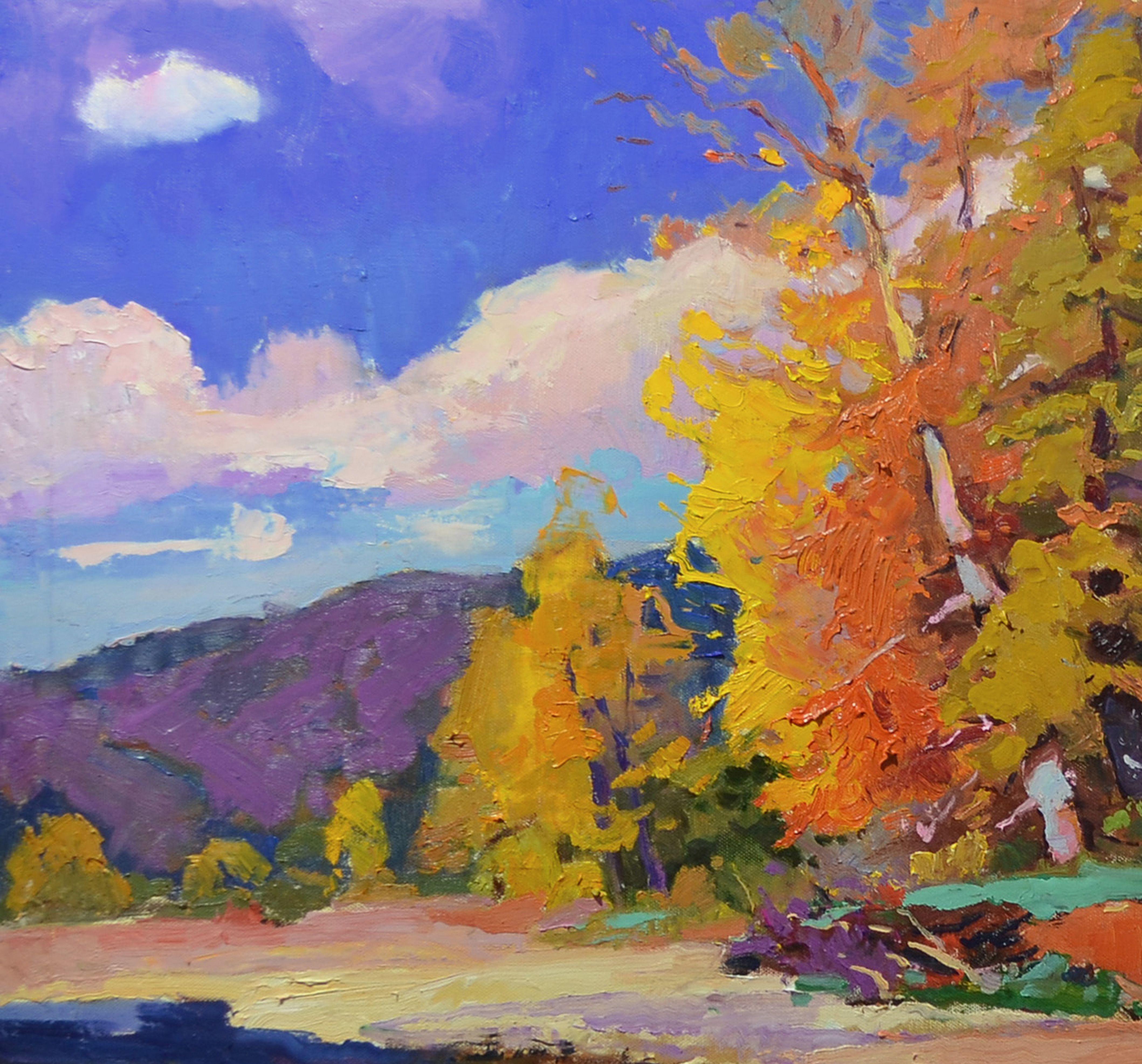 Autumn on the Tisza River, Painting, Oil on Canvas For Sale 3