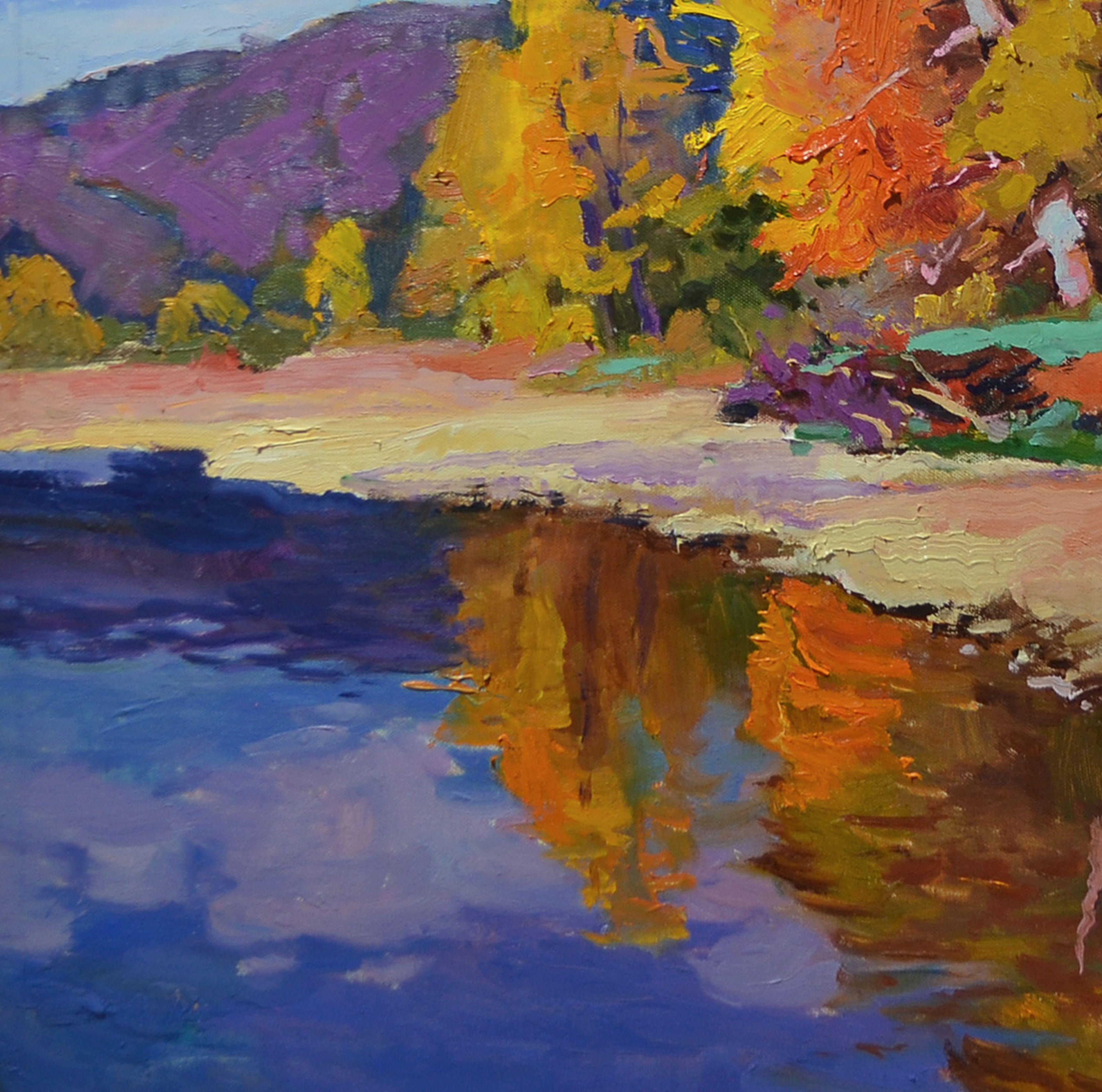 Autumn on the Tisza River, Painting, Oil on Canvas For Sale 4