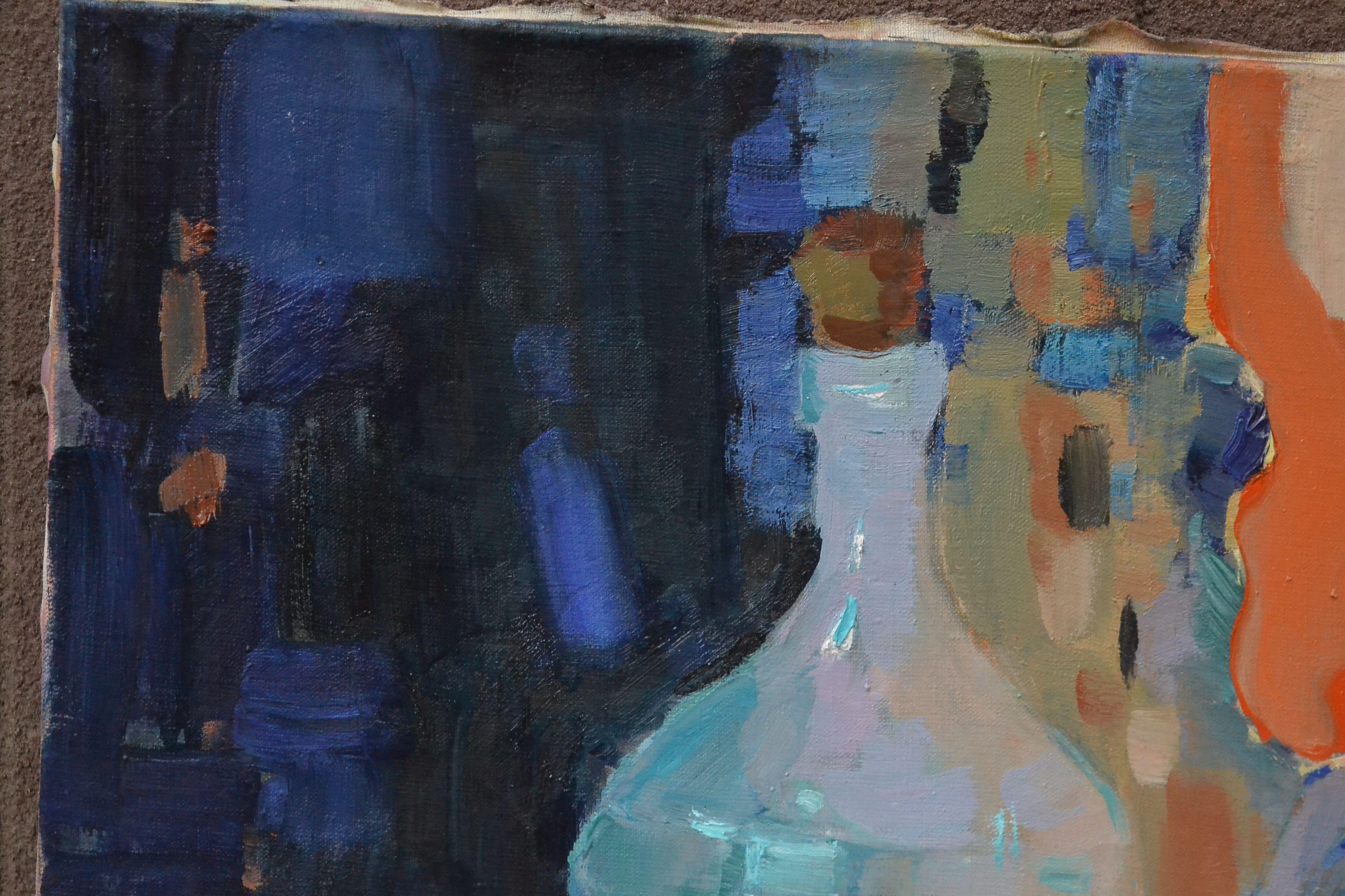 Bottle and Lamp, Painting, Oil on Canvas For Sale 1