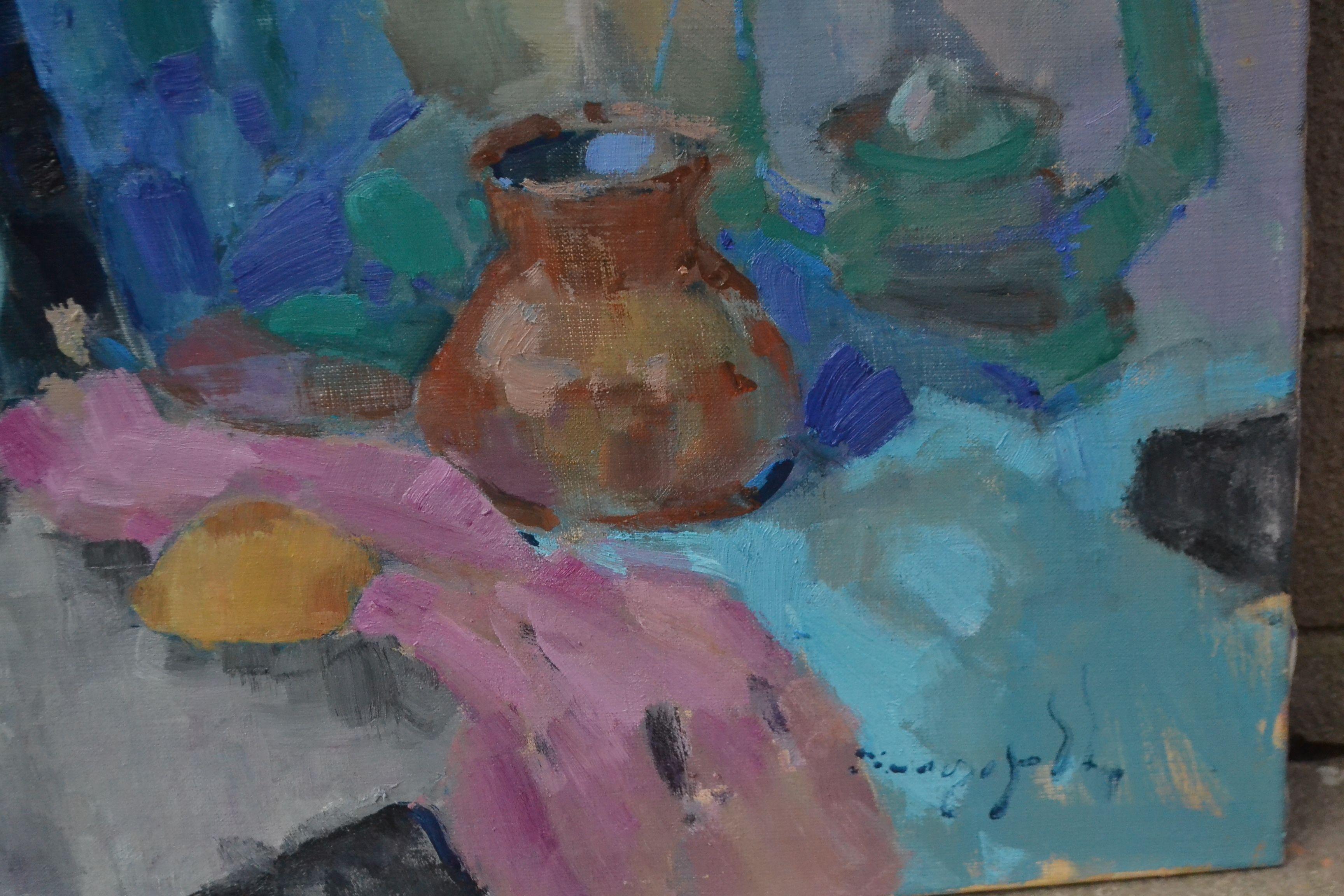 Bottle and Lamp, Painting, Oil on Canvas For Sale 3