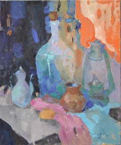 Flasche und Lampe, Gemälde, Öl auf Leinwand