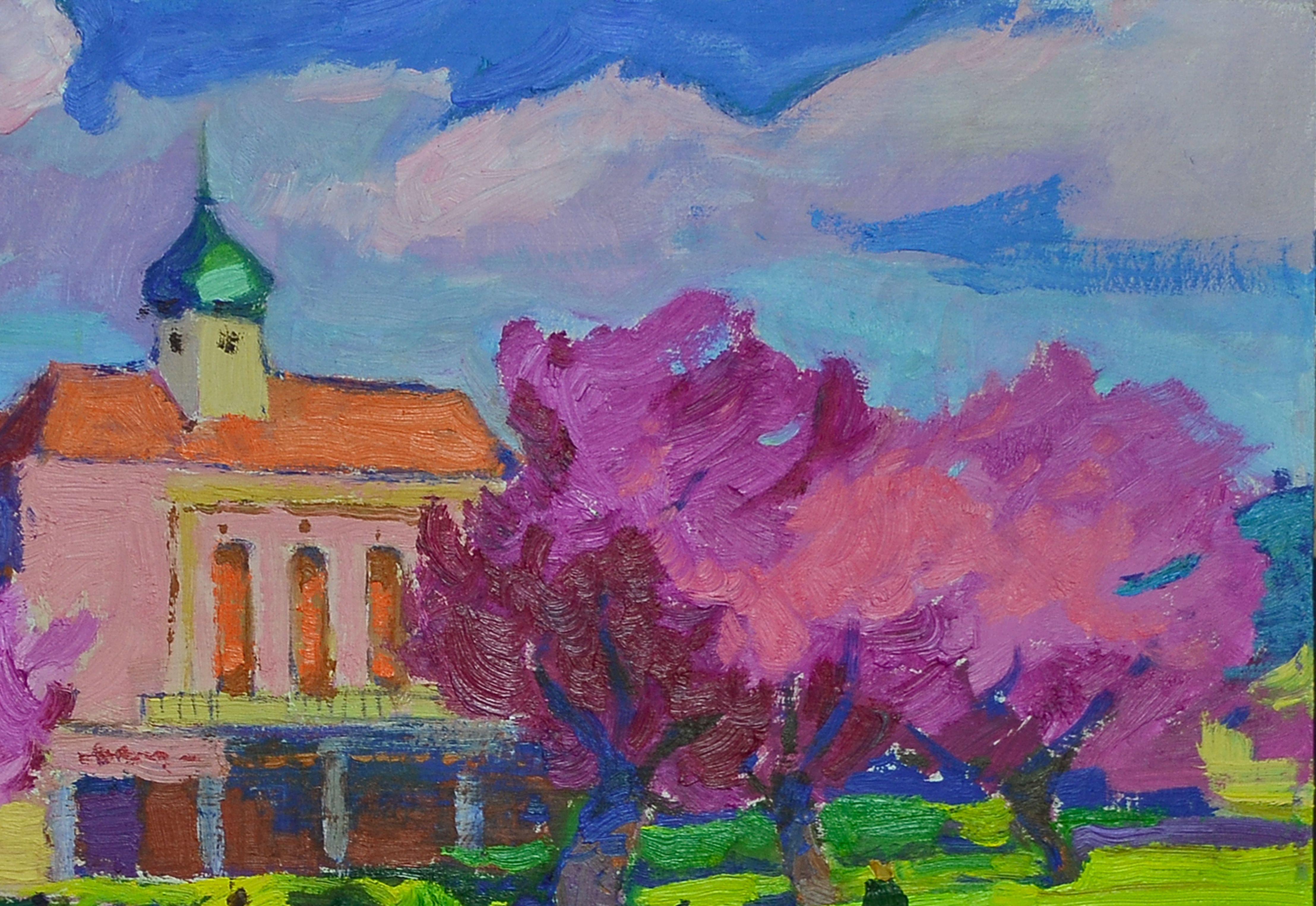 City in Cherry Blossoms, peinture, huile sur autre - Impressionnisme Painting par Alexander Shandor